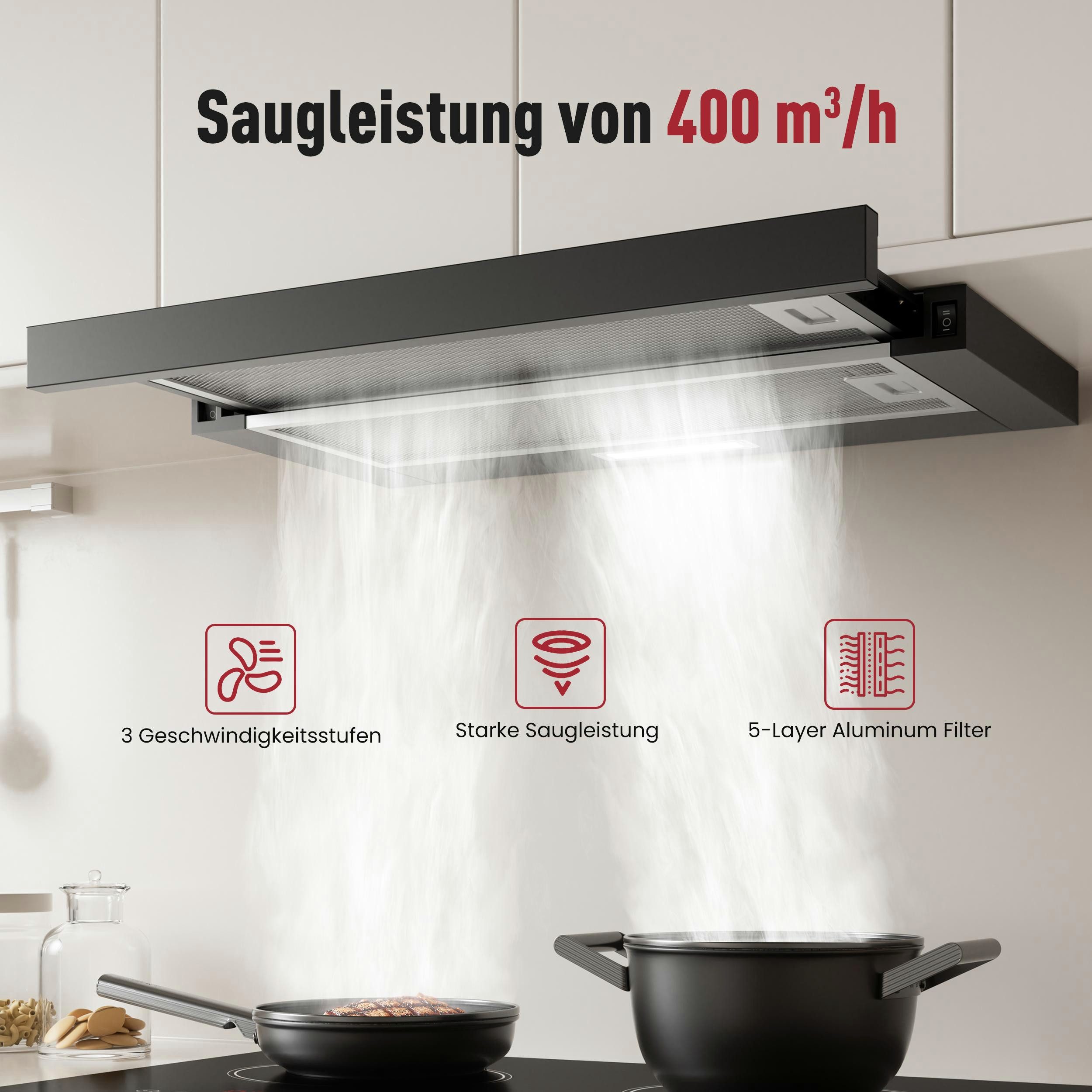 Levivo Flachschirmhaube A+++ Dunstabzugshaube 60cm Umluft & Abluft mit 400 m³/h A+++ Dunstabzugshaube 60cm Umluft & Abluft mit 400 m³/h, Aktivkohlefiltern, Fettfiltern, LED-Beleuchtung
