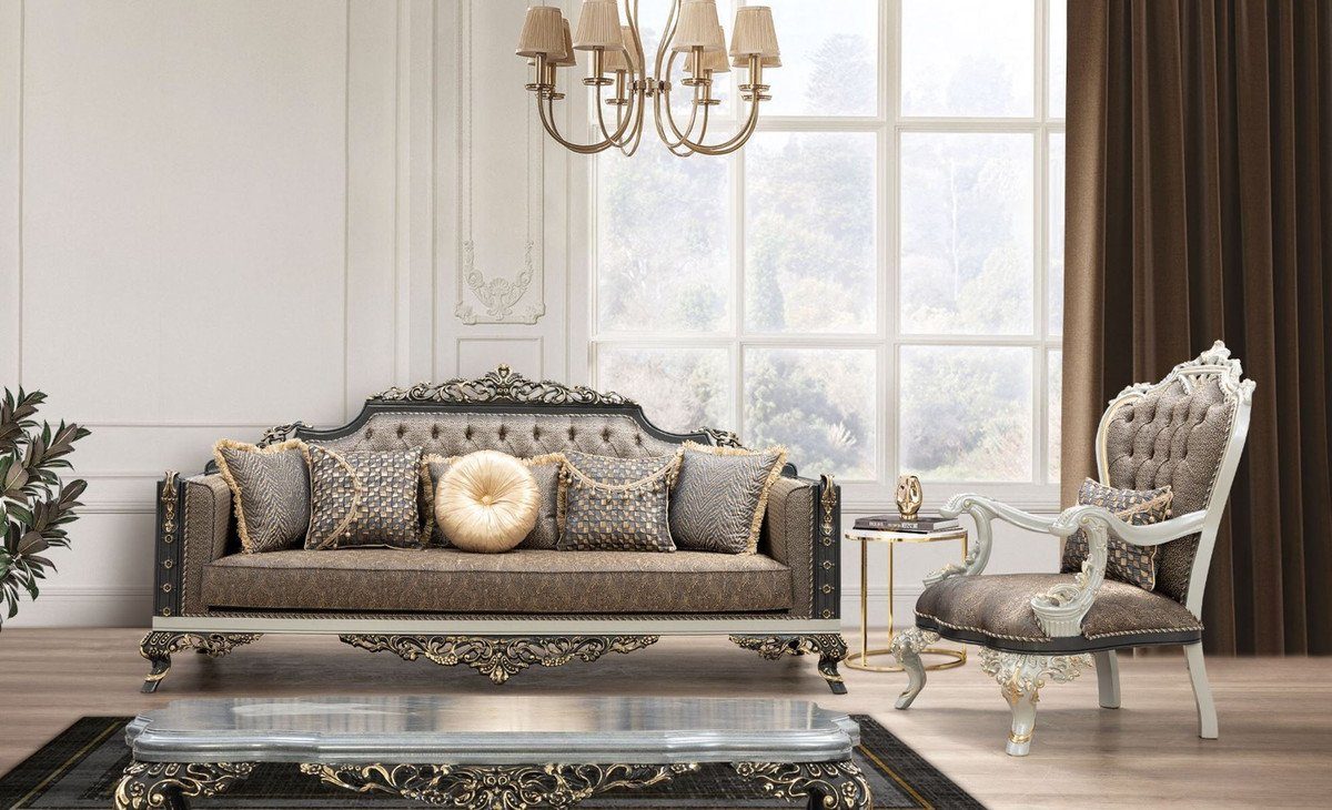 Gold / / Sessel Grau - - elegantem Blau Prunkvoller Casa Barock Padrino Muster Möbel / mit Wohnzimmer Gold / Weiß Luxus Sessel Wohnzimmer Sessel Barock