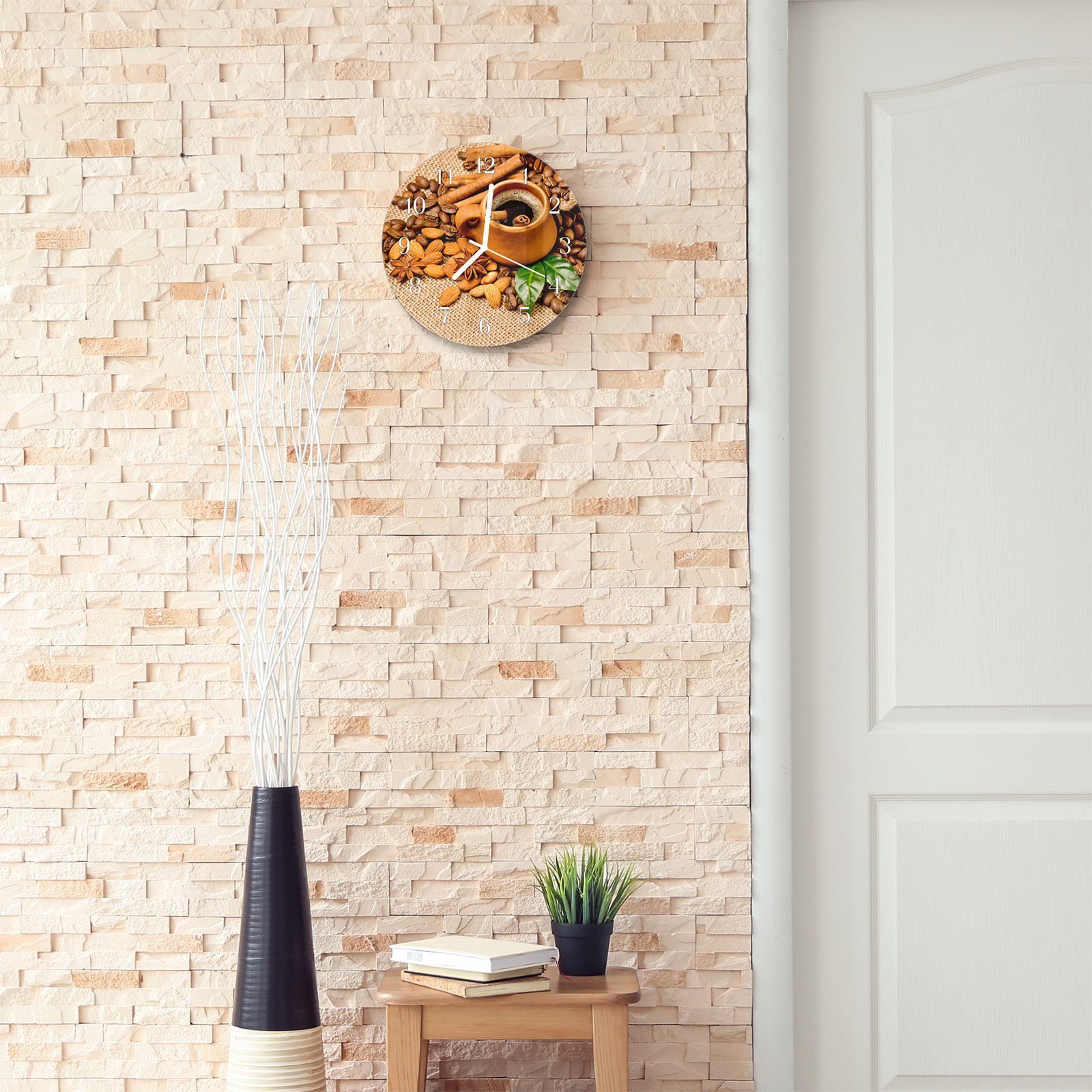 Wanduhr mit und - Kaffeebohnen Glas Wanduhr Motiv Tontasse eine und 30 cm mit Primedeco Quarzuhrwerk Durchmesser aus Rund