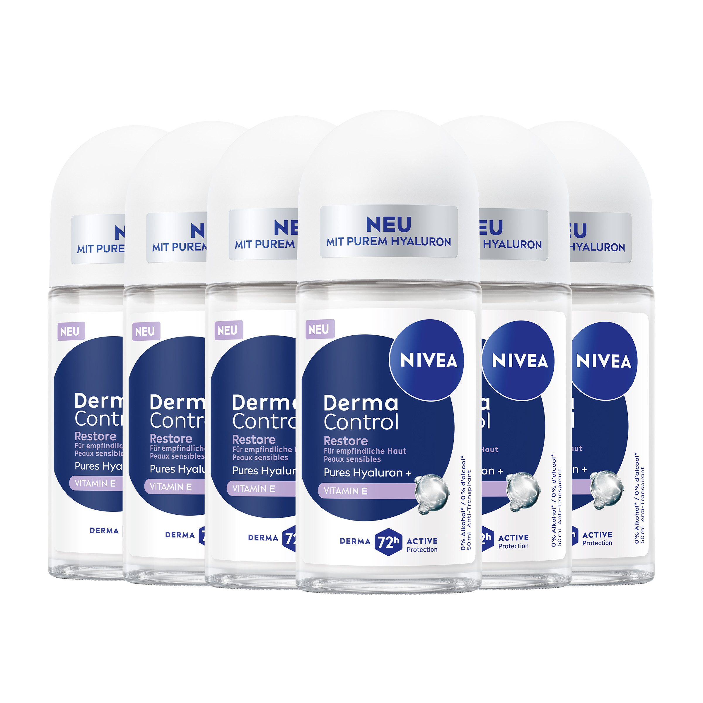 Nivea Deo-Roller Deodroant Derma Control Restore Roll-On 6 x 50ml, 6-tlg.