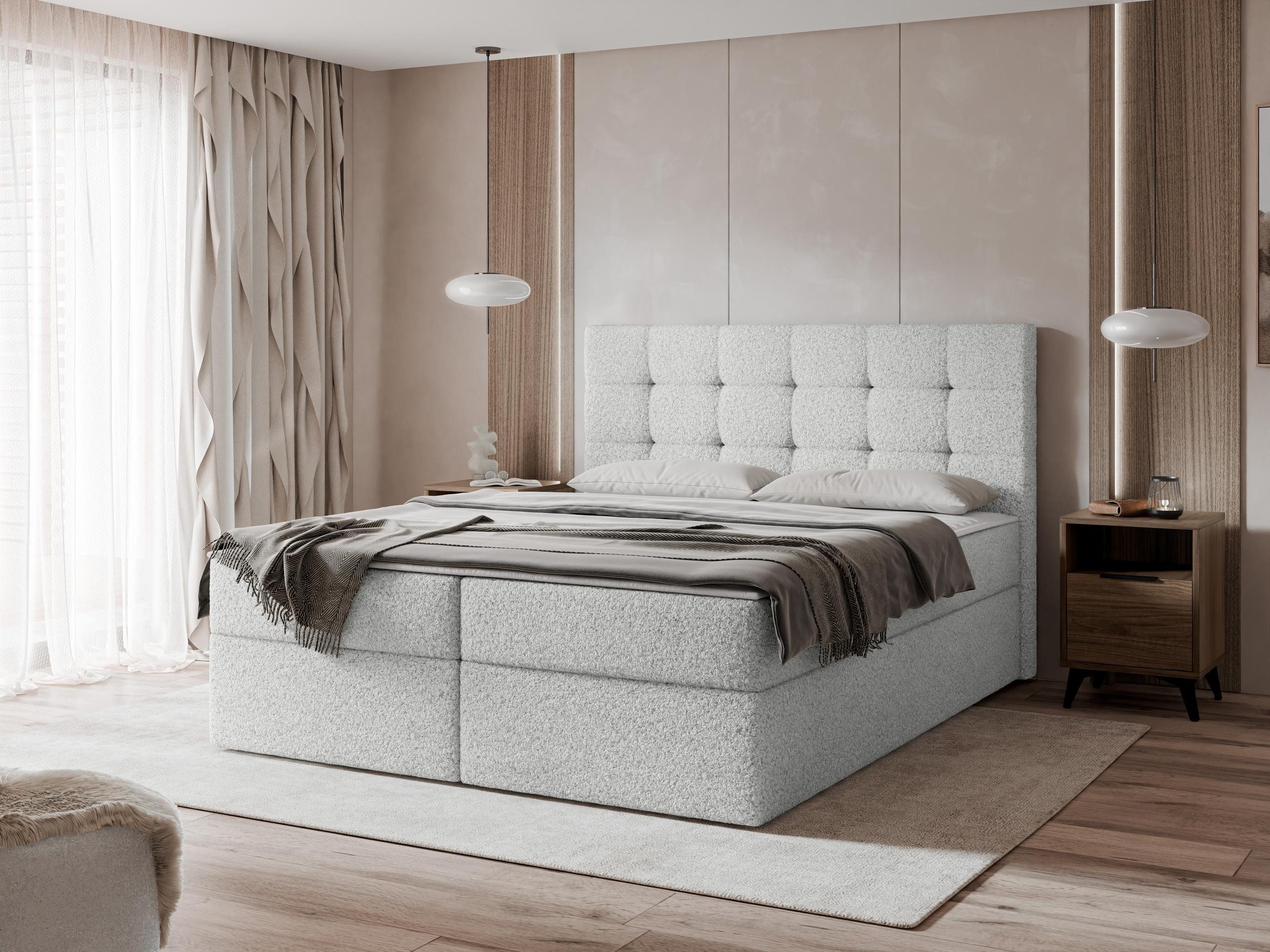 MIRJAN24 Boxspringbett Luanda Boucle (mit zwei Bettkästen für die Bettwäsche), Gepolstert Kopfteil, Bonellfederkern, 140/160/180x200 cm
