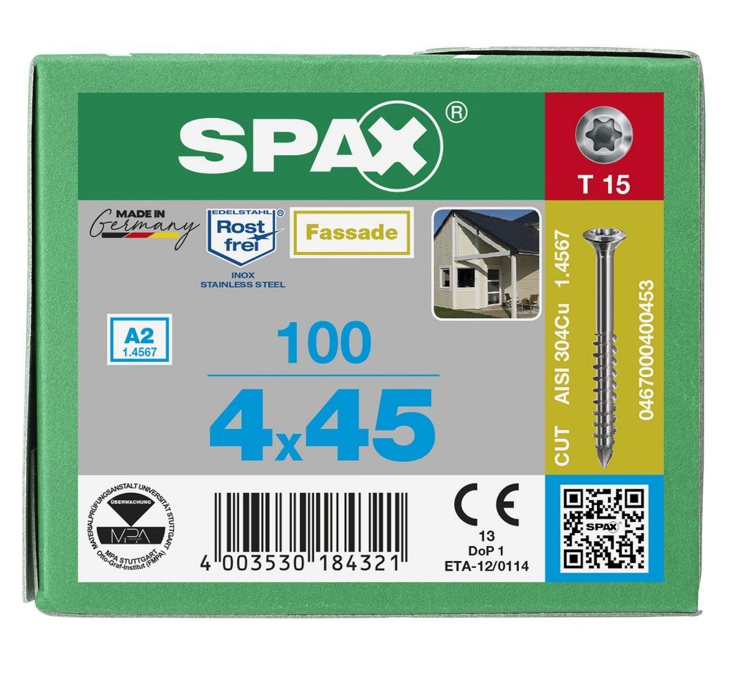 SPAX Spanplattenschraube Fassadenschraube, mm 100 (Edelstahl A2, 4x45 St)