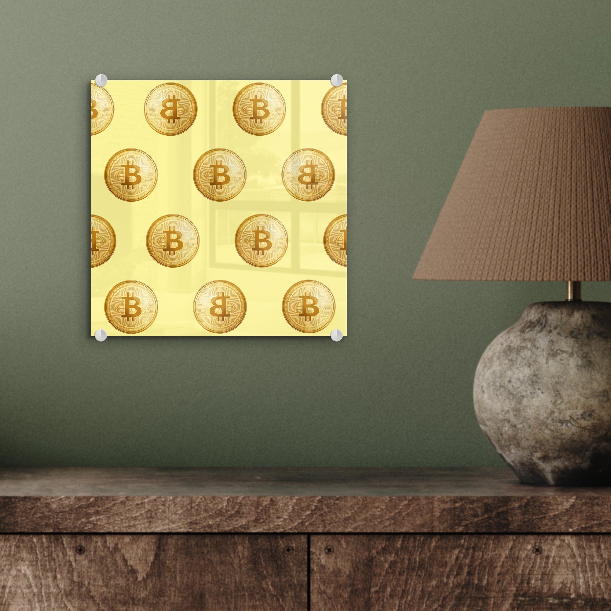 Foto - Gelb, St), auf Wandbild Acrylglasbild Bilder Glas Gold - Muster auf - (1 - MuchoWow Glas - Wanddekoration Bitcoin Glasbilder -