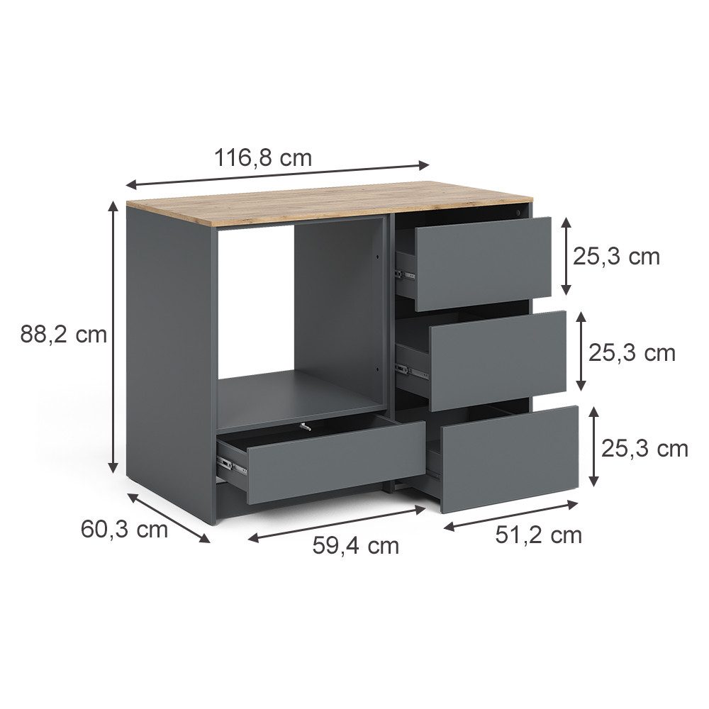 Vicco Herdumbauschrank Viktor, Anthrazit/Goldkraft Eiche, 116.8 cm mit 4 praktischen Schub...