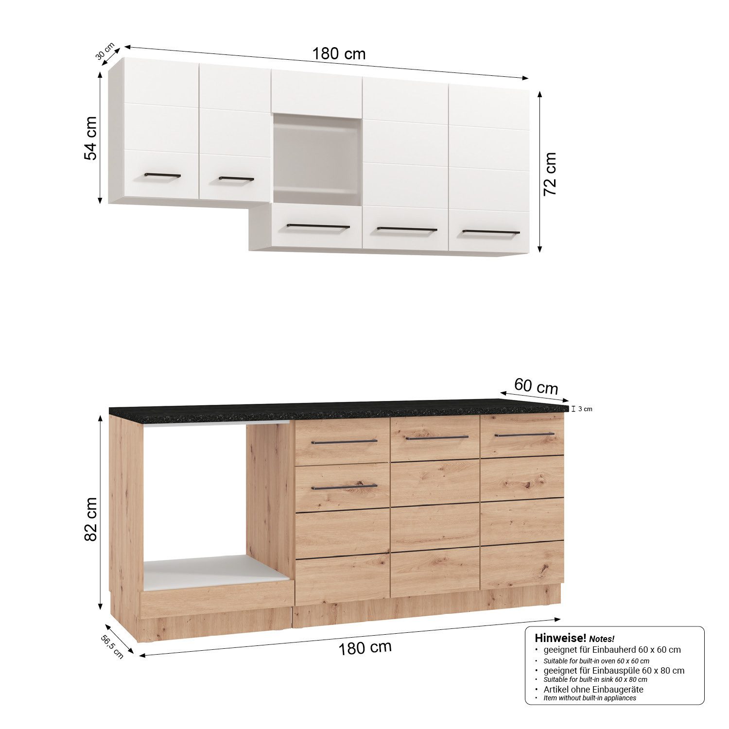 Homestyle4u Küchenzeile 180 cm ohne Geräte Weiß Holz Eiche Einbauküche Singleküche Küchenblock, (Oberschränke, Unterschränke)