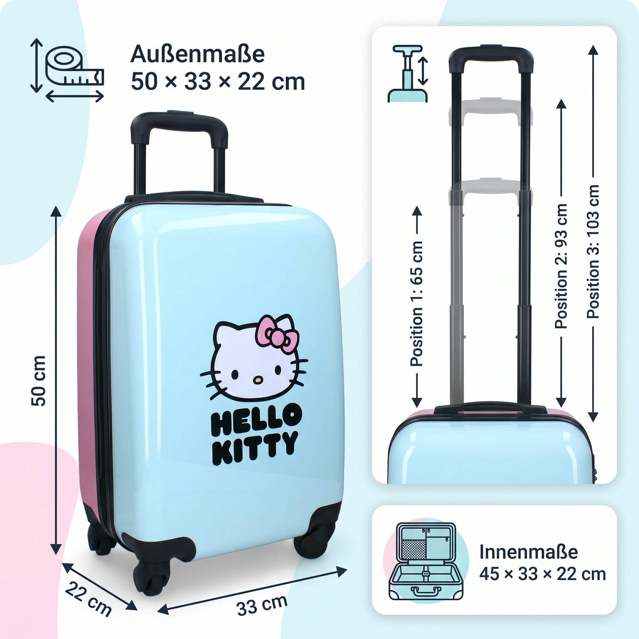 Hello Kitty Kinderkoffer Trolley Koffer 32 L Kindertrolley Trolly Kinder Handgepäck Mädchen, Qualitätsware, Leicht, ABS-Hartschale, 4 Rollen 360°