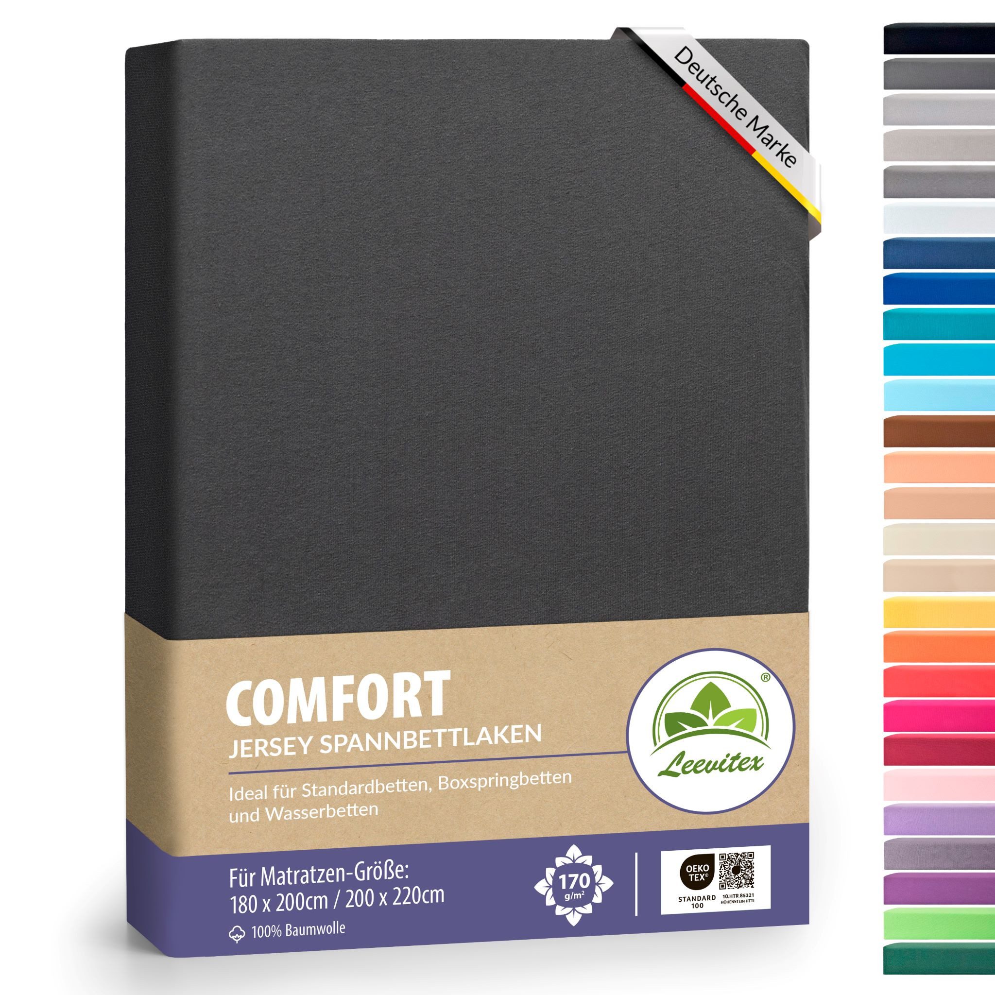 leevitex® Spannbettlaken 180x200 cm - 200x220 cm, Stoffgewicht 170 g/m², 40 cm Steghöhe, Jersey, Gummizug: rundum, (1 Stück), verschiedene Farben, OEKO-TEX® STANDARD 100 zertifiziert