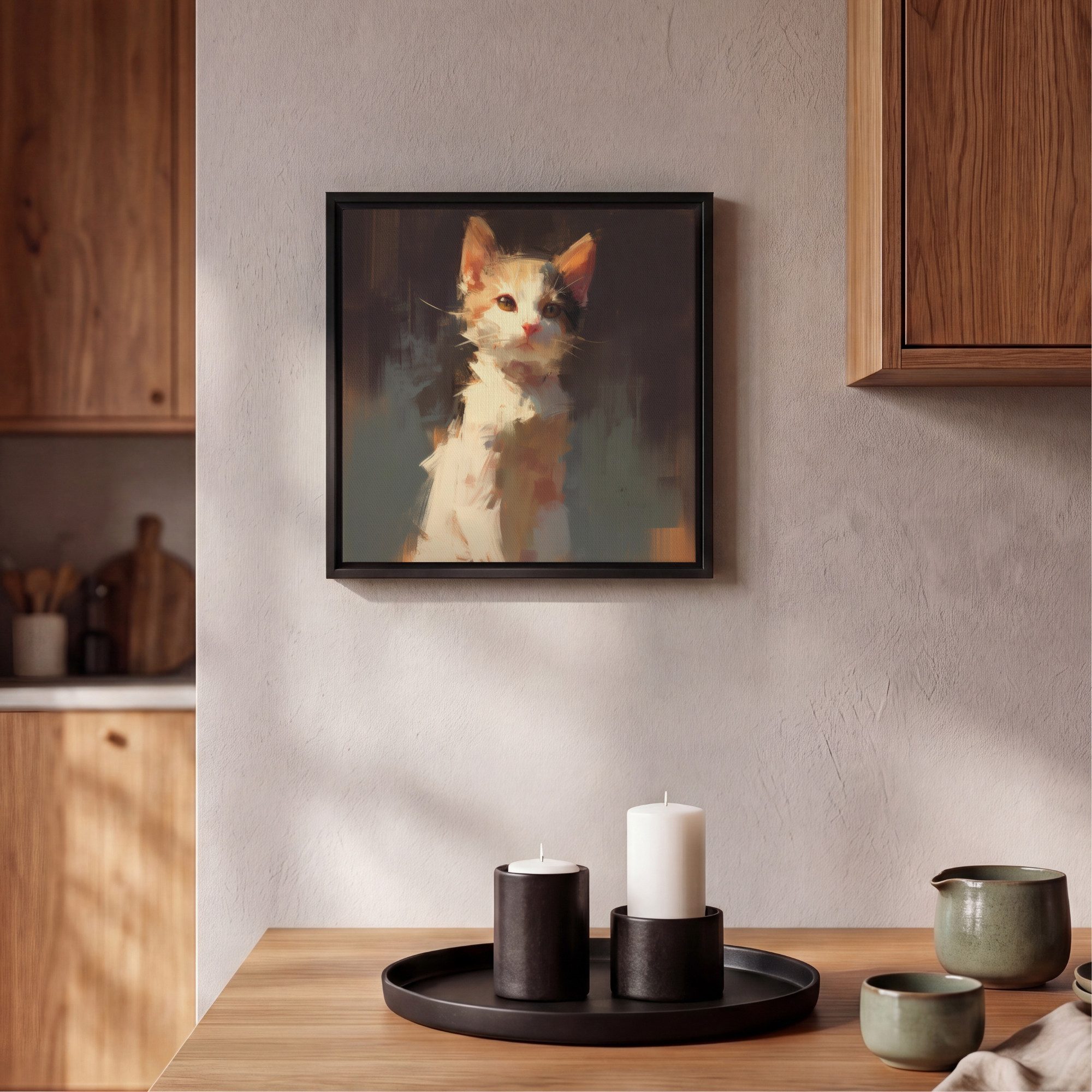 OneMillionCanvasses® Leinwandbild mit Rahmen - Katze - Gemalt - Künstlerisch - Weiß, Fotodruck (1 St), Leinwand Bilder Klein, Wand Dekoration Aesthetic 20x20cm