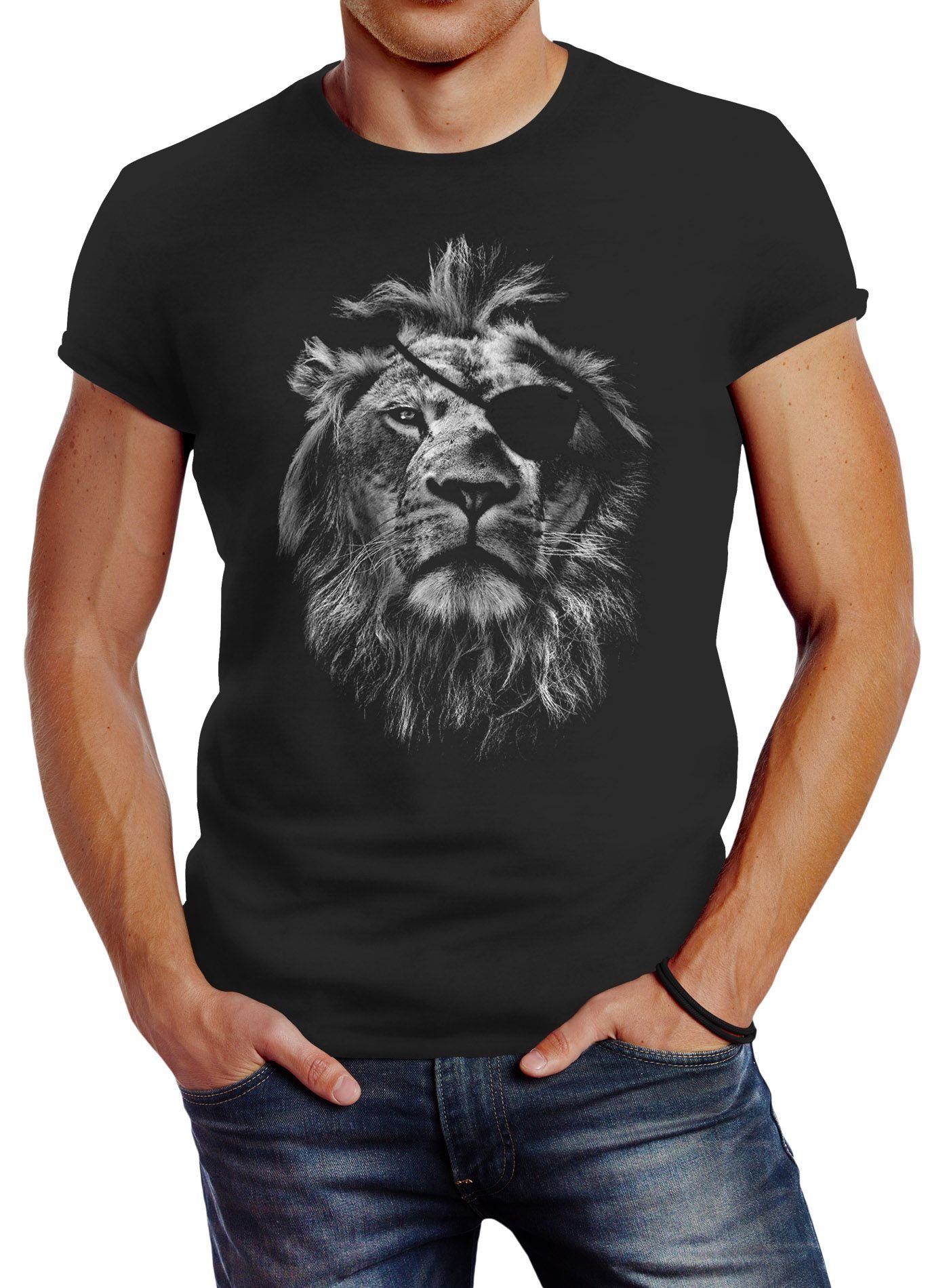 Neverless Print-Shirt Cooles Herren T-Shirt Löwe Print Aufdruck Motiv Slim Fit mit Print