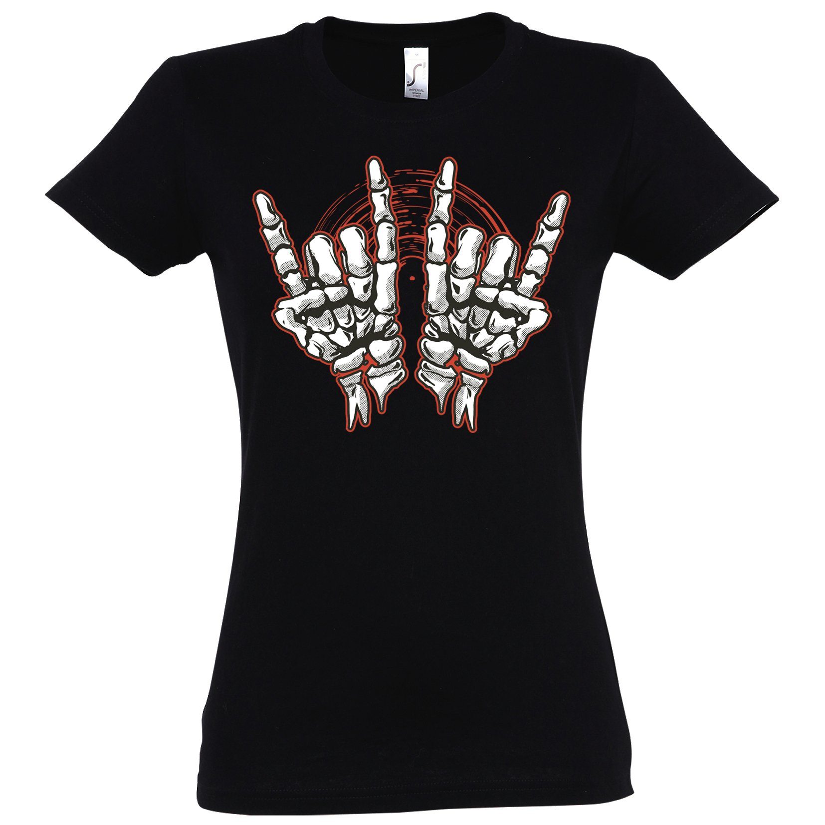 Print im Hand Shirt Rock\'n\'Roll Horror Designz Fun-Look modischem T-Shirt Damen Mit Youth Skelett