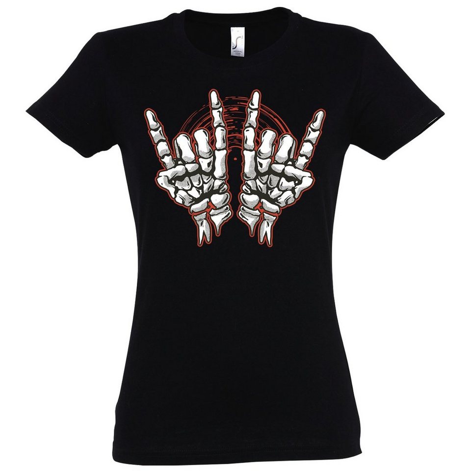 Damen Youth Skelett Horror Print Mit Rock\'n\'Roll im Designz Hand T-Shirt Shirt Fun-Look modischem