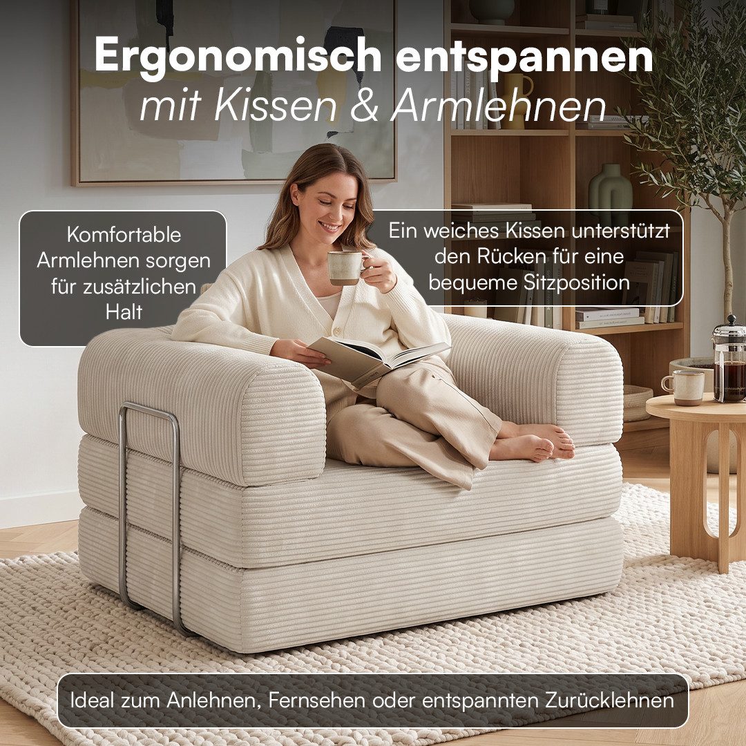 skølm Sofa & Sessel Lofn aus Vollschaum Cord, umwandelbar zum Schlafsofa/-Sessel, Beige, Cordsessel 115cm breit, 1 Sitzer, kein Aufbau erforderlich, vakuumiert – Bild 4 von 5