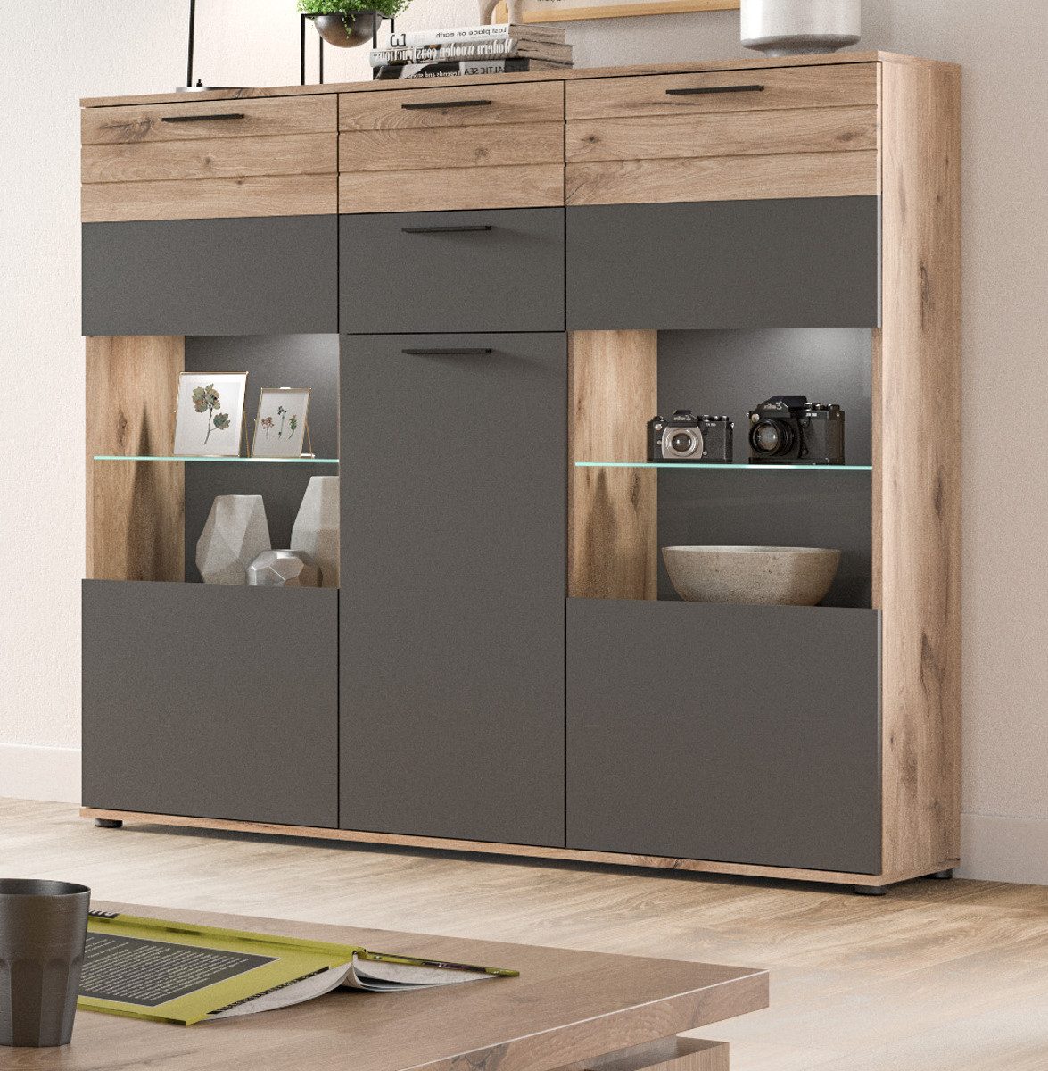 Inn.Furn Highboard Tomaso (Schrank in Eiche mit grau, 3-türig 2 Schubladen BxH 140 x 137 cm), mit Soft-Close