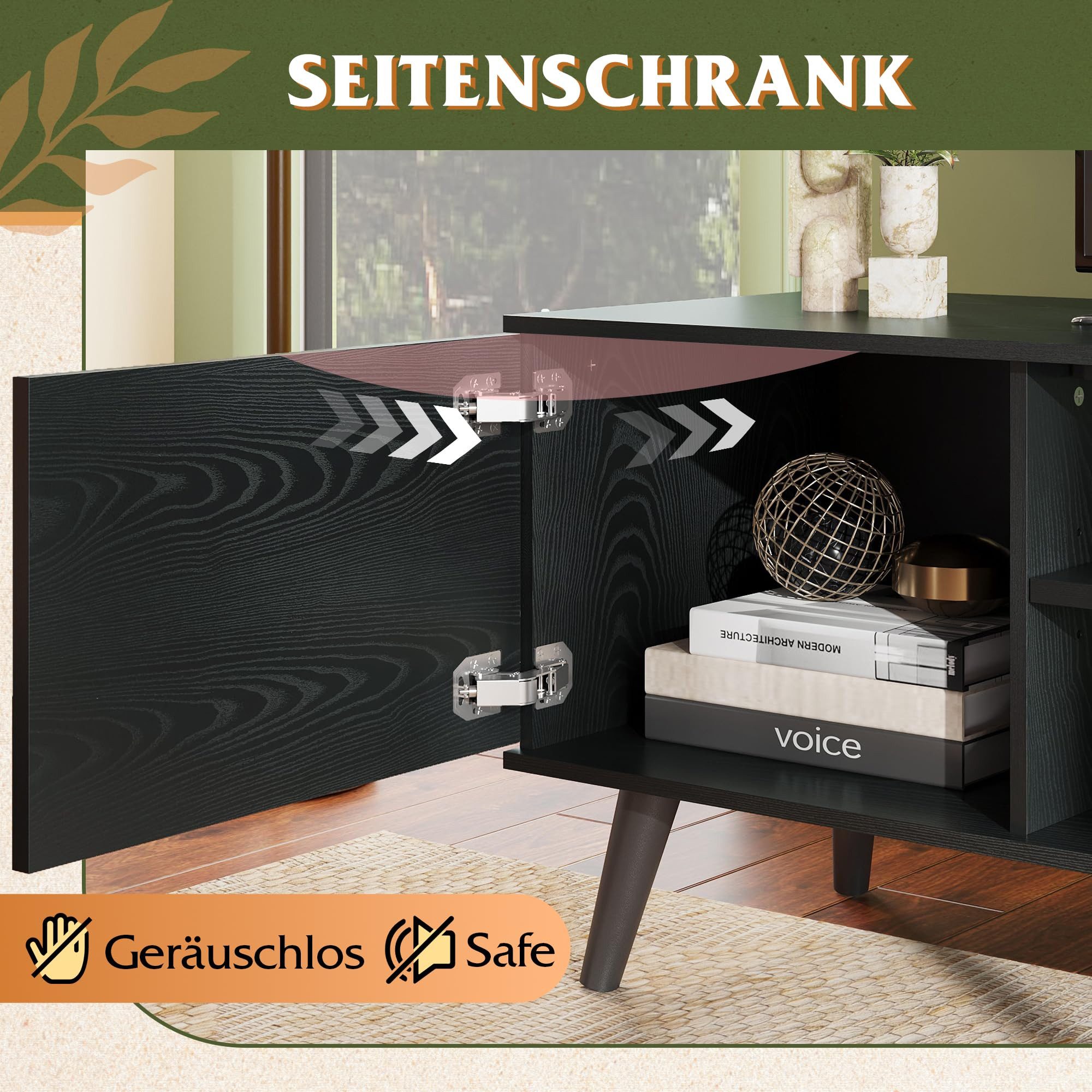 WLIVE TV-Schrank Lowboard mit 2 Türen, Fernsehschrank für Fernseher bis zu 55/60 Zoll, (160 cm lang) verstellbare Ablagen, für Wohnzimmer, Schlafzimmer – Bild 5 von 5