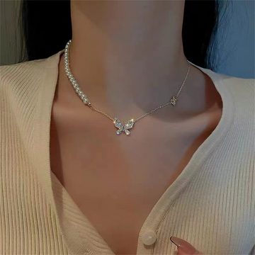 Rouemi Charm-Kette Damen Halskette,Titanium Halskette,Zirkonia Schmetterling Perlenkette