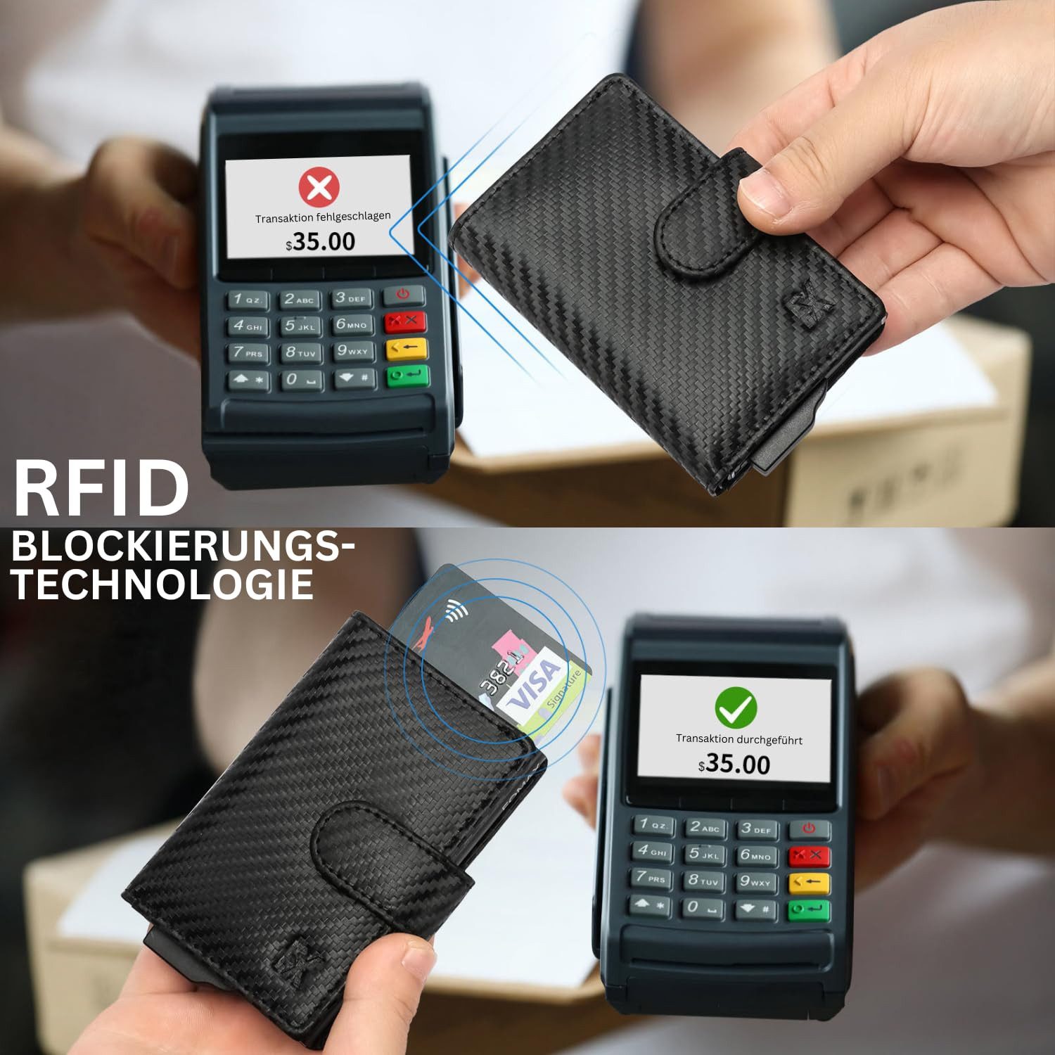 Fomax Mini Geldbörse mit Münzfach Echtleder Carbon Herren klein für Herren, 8+ Karten mit RFID Schutz Slim Wallet Kartenetui