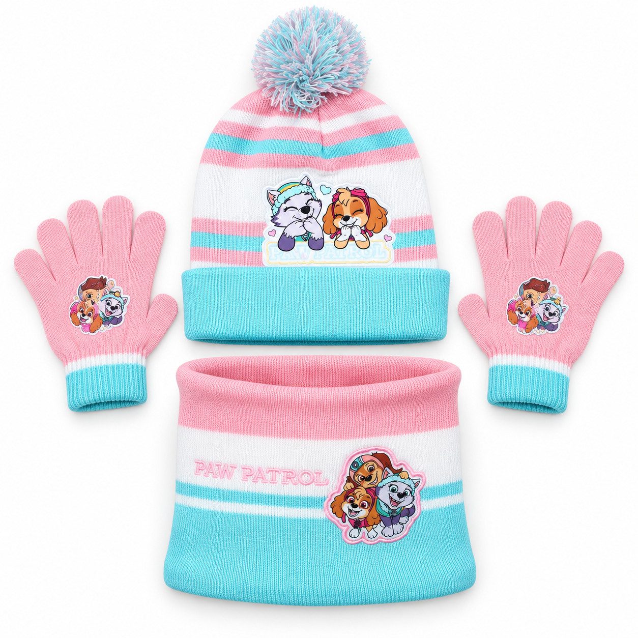 PAW PATROL Bommelmütze Paw Patrol Skye Liberty Kinder 3tlg Wintermütze plus Handschuhe Snood Gr. 54