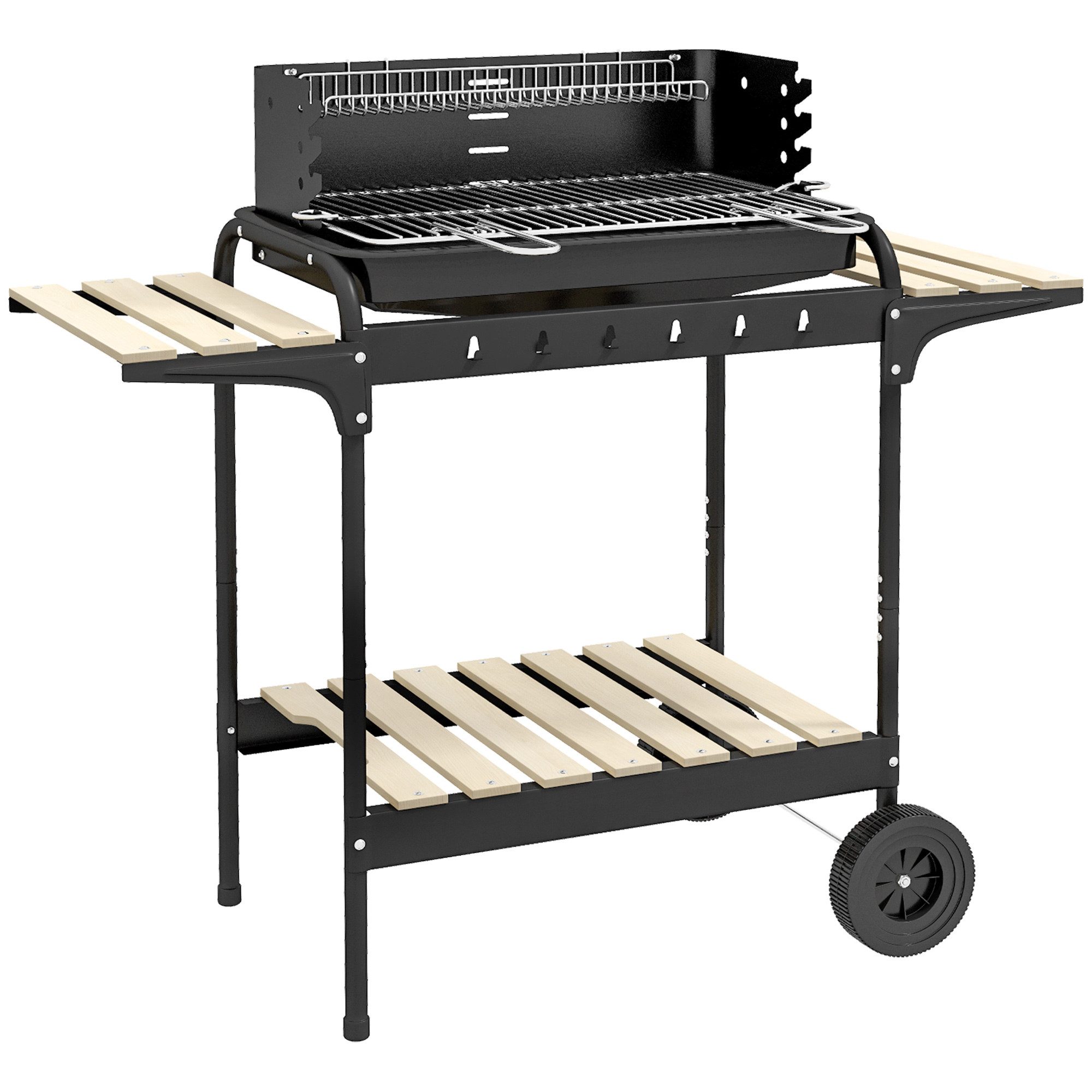 Outsunny Holzkohlegrill mit Räder, höheverstellbar Grillrost, Holzablage, BBQ Smoker, fahrbar Grillwagen, für Barbeque Camping, Terrasse, 95 x 71,5 x 102 cm