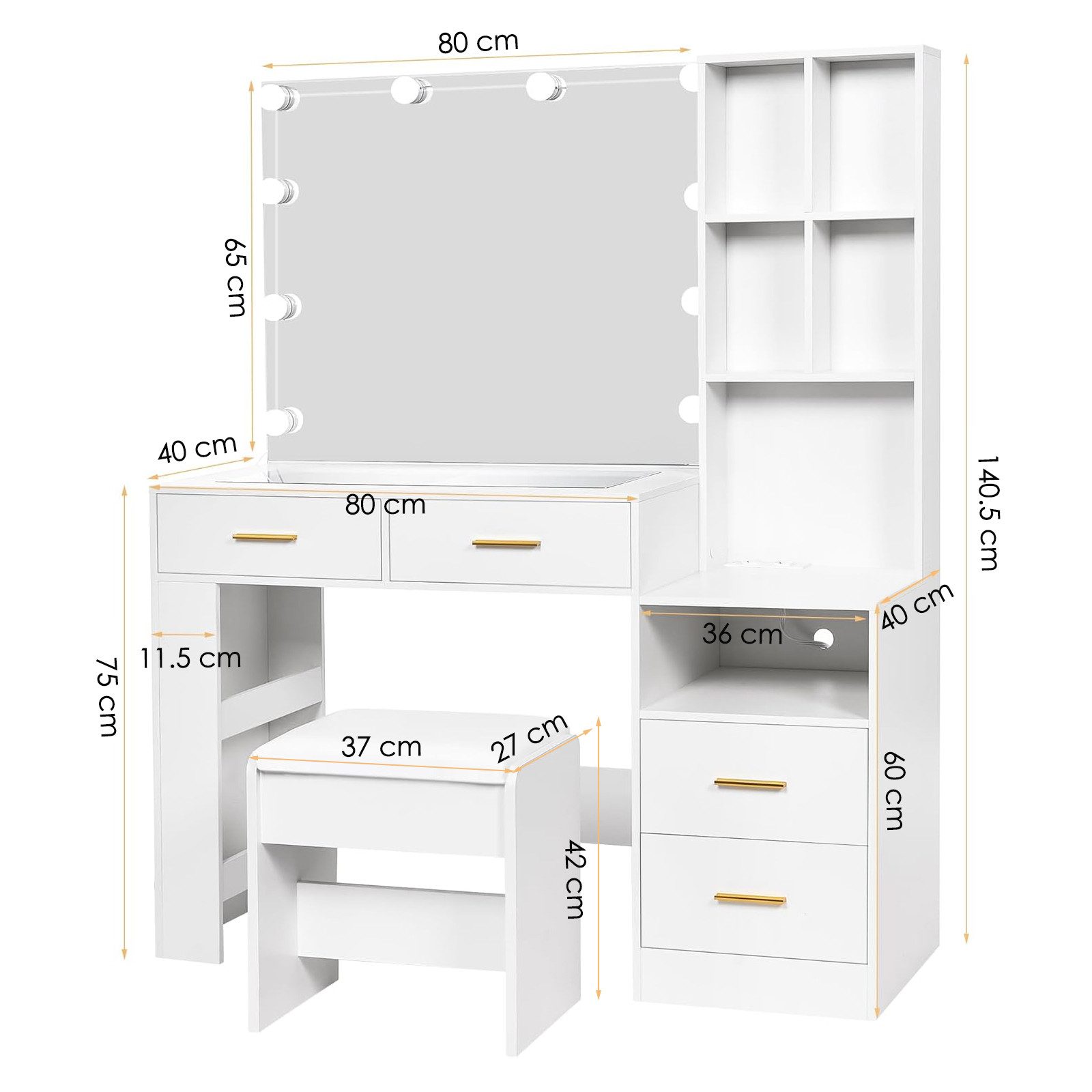BEWISHOME Schminktisch mit Spiegel und Hocker, vier Schubladen, LED-Beleuch günstig online kaufen