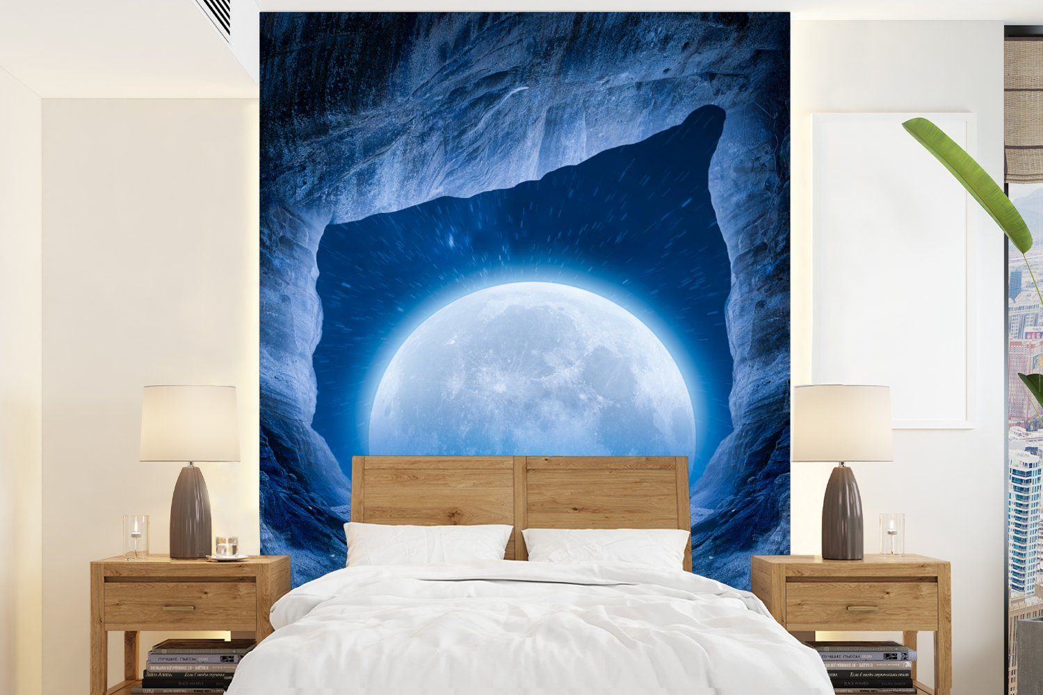 MuchoWow Fototapete Höhle - Mond - Weltraum - Universum - Blau, Matt, bedruckt, (4 St), Montagefertig Vinyl Tapete für Wohnzimmer, Wandtapete