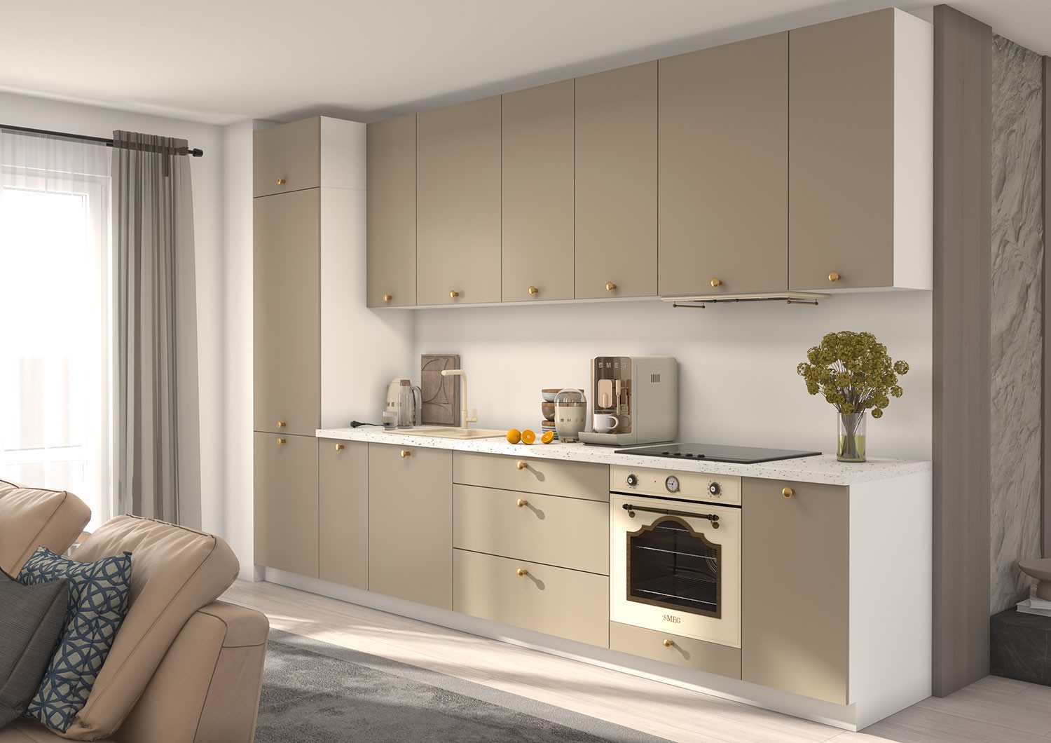 Feldmann-Wohnen Küchenzeile Bonn, (Schubladen mit Vollauszug und Selbsteinzug (HETTICH InnoTech Atira), 350x59x243cm weiß / stone grey matt, 12-teilig, Fronten matt