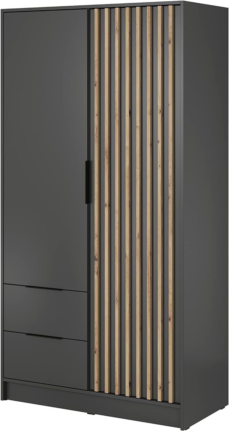 MOEBLO Kleiderschrank Loft mit Schlafzimmerschrank mit JOHN Türen, (Latten 2/3/4 aus Schubladen) Graphit 2 Regalböden, IndustrieSchrank (Spannstange) Stil Aufbewahrungsschrank drehbaren Holz