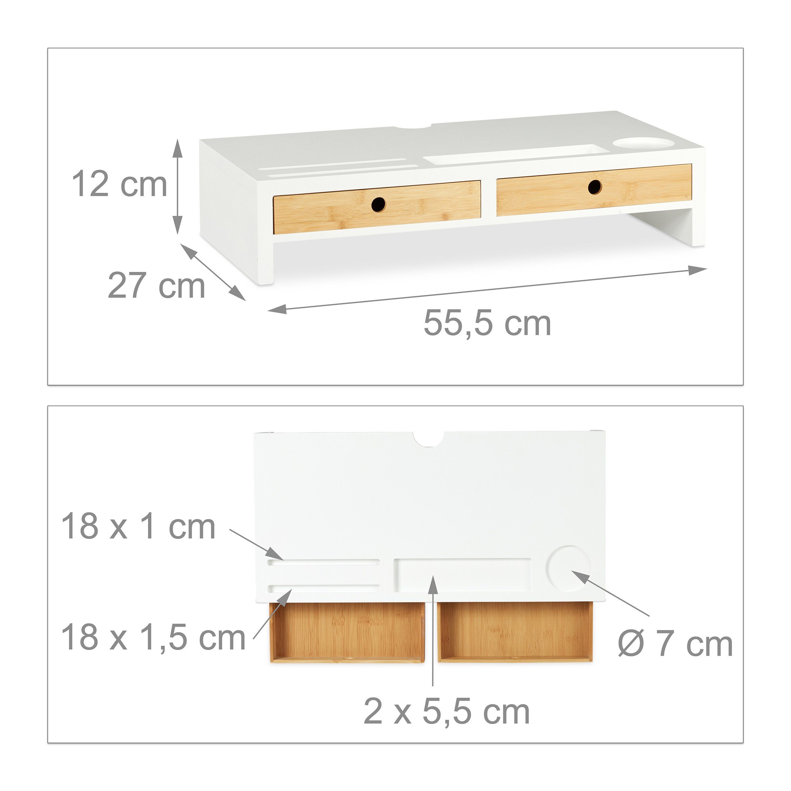 relaxdays Monitor-Halterung Monitorständer Weiß mit Schubladen