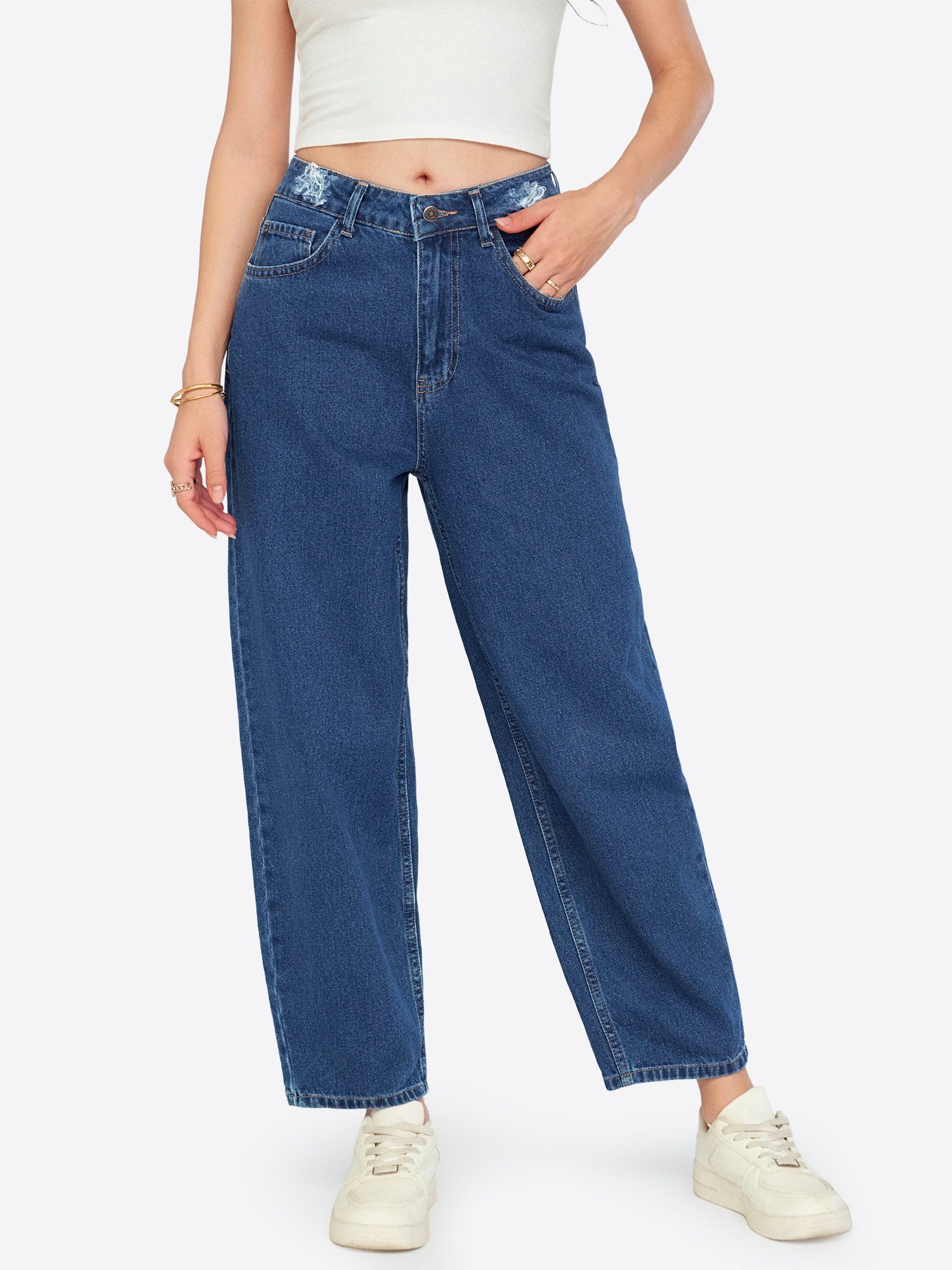 Imily Bela Mom-Jeans Damen hochtaillierte Loose-fit-Jeans mit Destroyed-Details (Packung, 1-tlg., 1per-Pack) Fünf-Taschen-Konstruktion