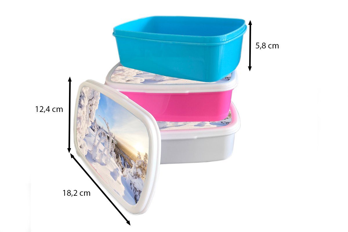 MuchoWow Lunchbox Ein Gebiet in Kinder, vollständig Erwachsene, mit Lappland, Kunststoff, ist, Kunststoff (2-tlg), Snackbox, für Mädchen, Schnee Brotbox Brotdose das bedeckt rosa