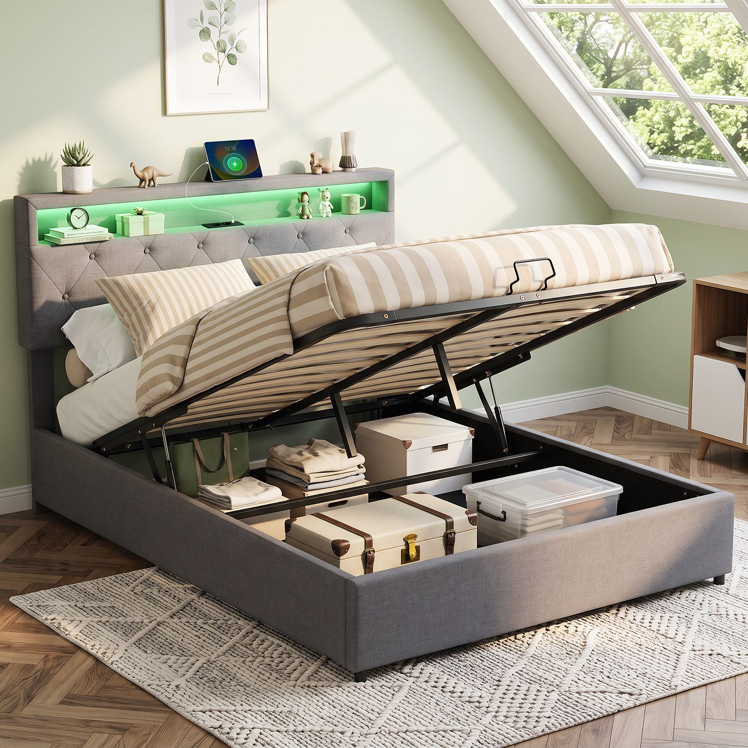 oyajia Stauraumbett LED hydraulisches Doppelbett (Leinenmaterial Polsterbett mit mit Lattenrost und Ladefunktion), Typ-C, USB-A, 2 Steckdosen,mit RGB Beleuchtung