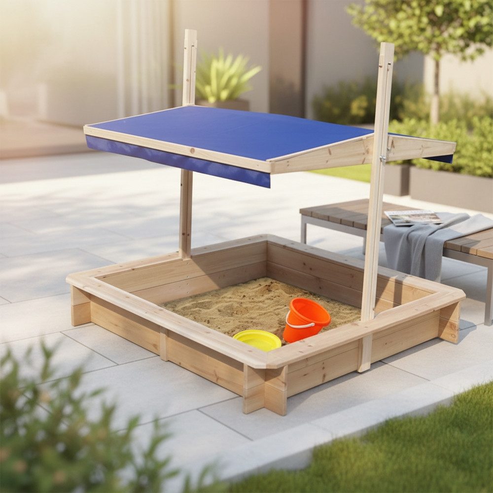 Melko Sandkasten Sandkasten Sandkiste 120x120 CM Holz mit verstellbaren Dach Sandbox, (Stück), Mit verstellbarem Sonnendach