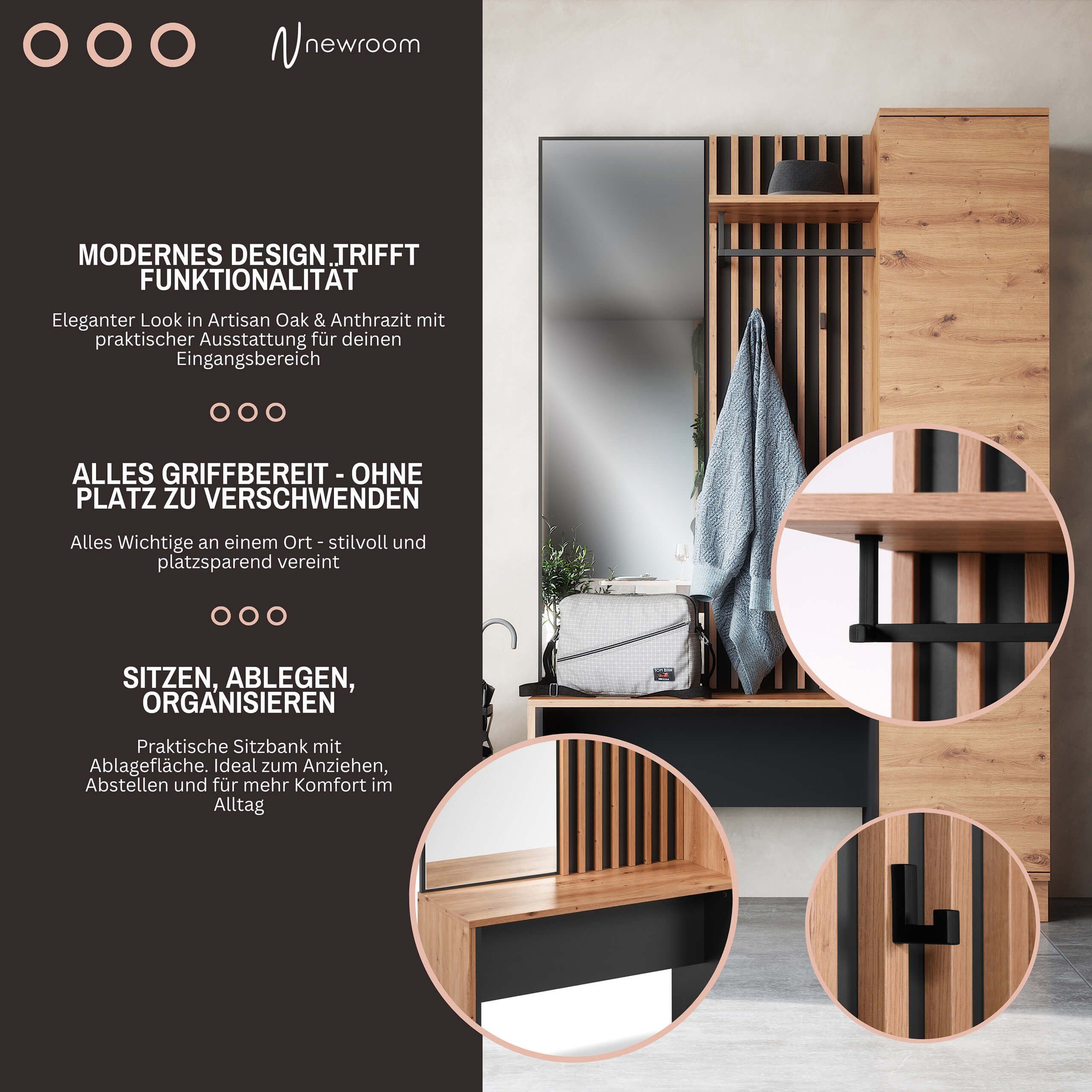 Newroom Kompaktgarderobe Wildeiche 122 cm Wildeiche Garderobe Schuhregal Flurgarderobe Modern Vintage Gardero... – Bild 5 von 5