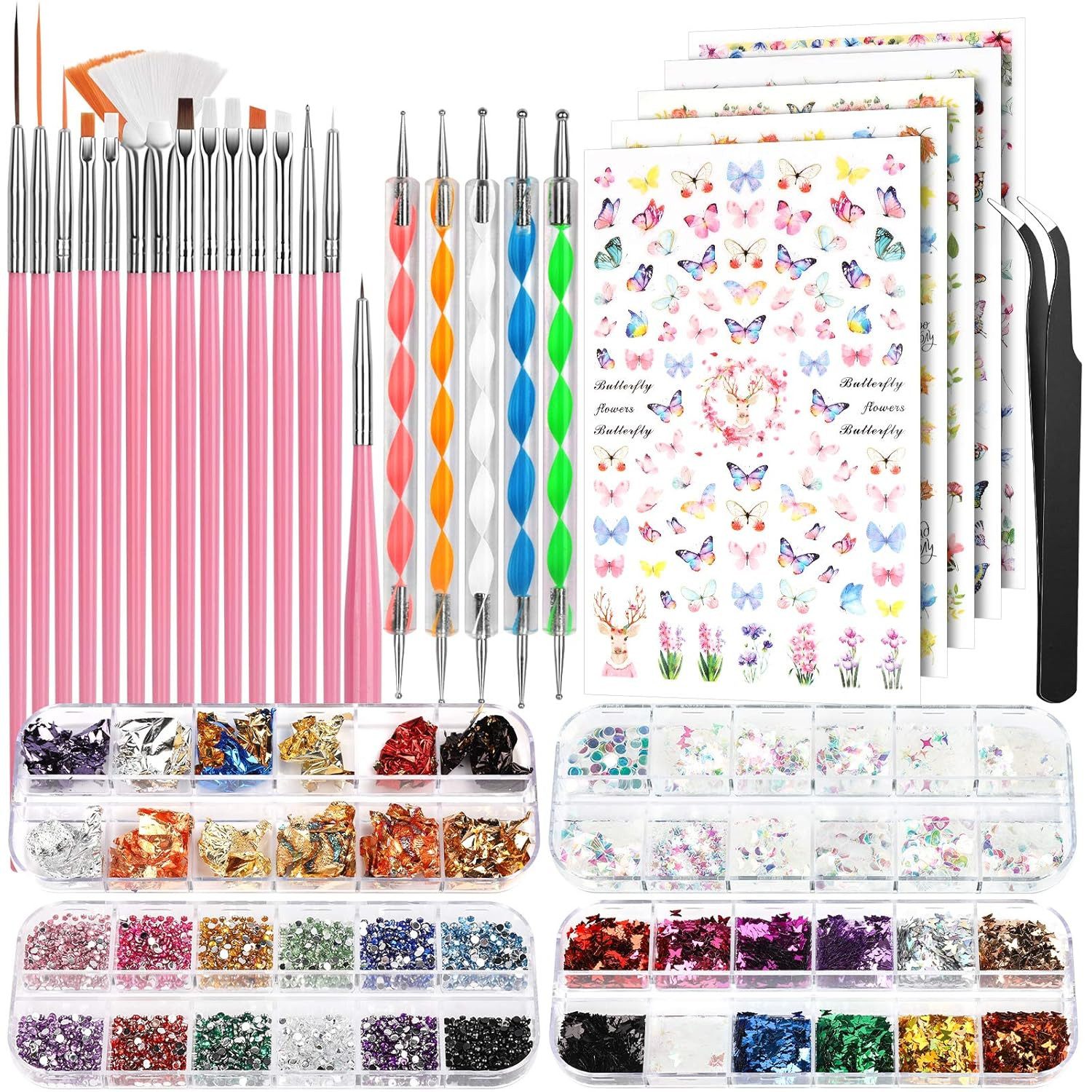 Refined Living Nageldesign Zubehör Nageldesign Set, Nail Art Pinsel Set,Nailart Pinsel & Dekorationen Set, Pinsel Für Gelnägel,Professionelles Nail Art Set 15 Pcs Nagel Pinsel, 5 Blätter Nagelsticker, Schmetterling & Herzenform Nagel Pailletten, Strasssteine Nägel, Blattgold für Nagelkunst und mehr, Nail Art Dekorationen & Nagelpinsel Set, professionelle Studio- Qualitat