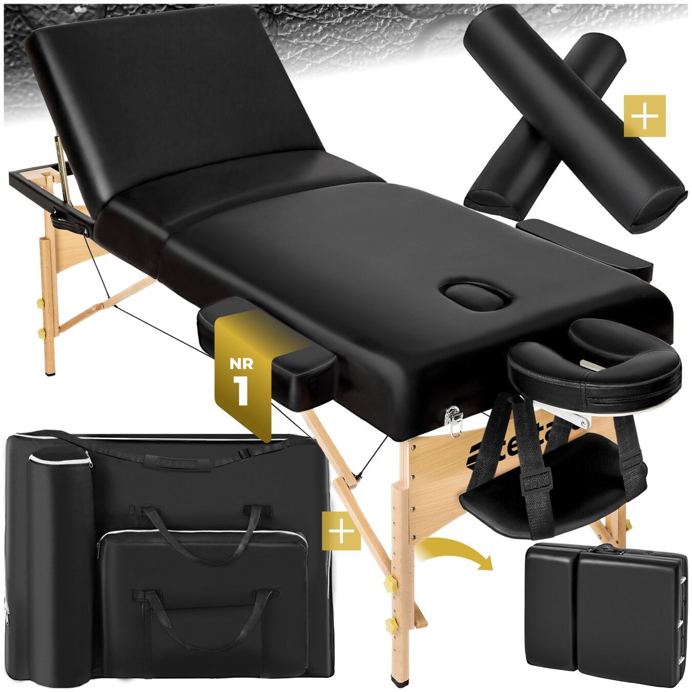 tectake Massageliege 3-Zonen-Massagetisch-Set, 218 x 102 x 90 cm, Polsterung 7,5 cm (Kosmetikliege Somwang, 1-St., in schwarz), Breite 70 cm, Lagerungsrollen & Tragetasche, klapp- & höhenverstellbar