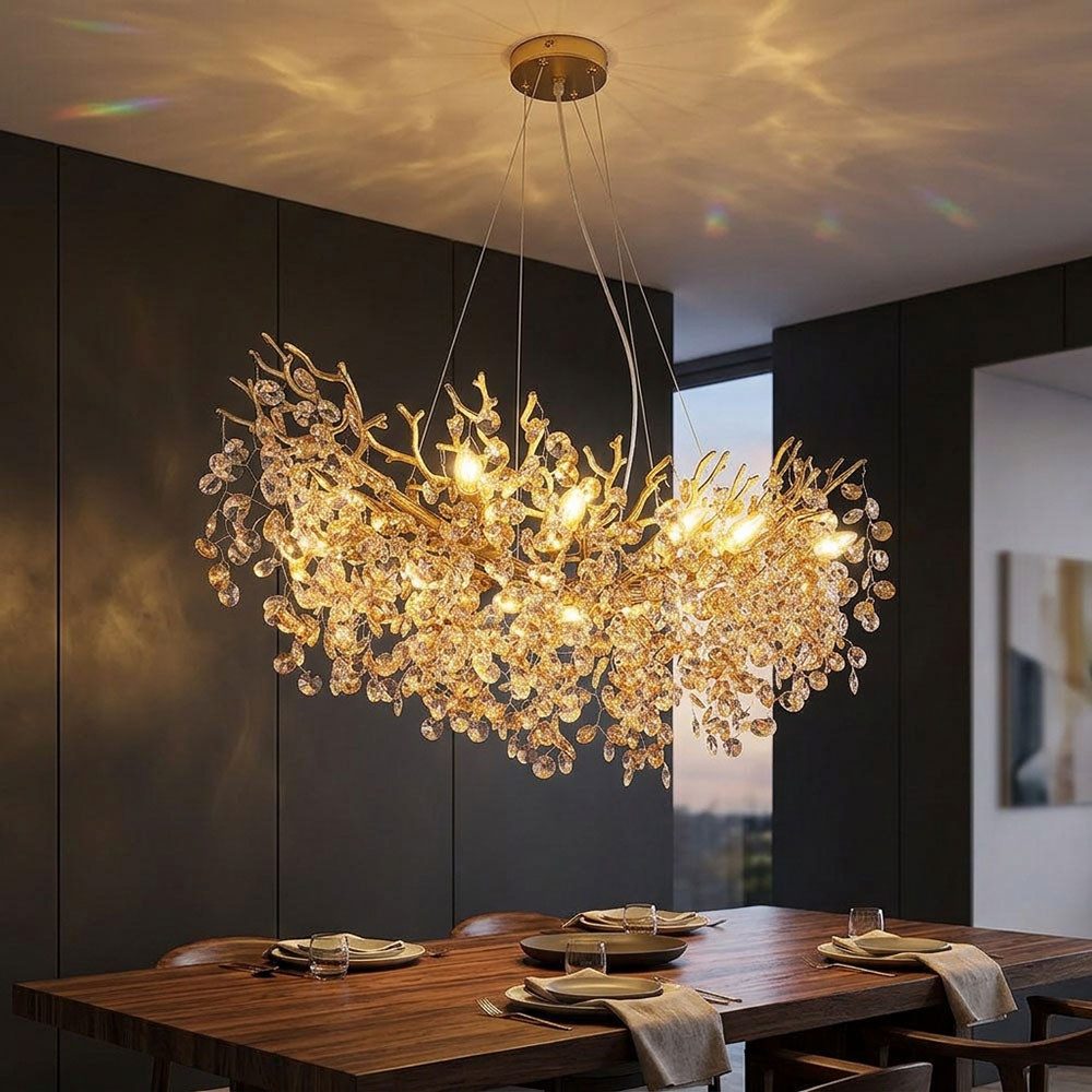 GLOBO LIGHTING LED-Hängeleuchte, Leuchtmittel inklusive, Warmweiß, LED Kronleuchter Hängeleuchte Luster gold Glaskristalle amber L 100 cm