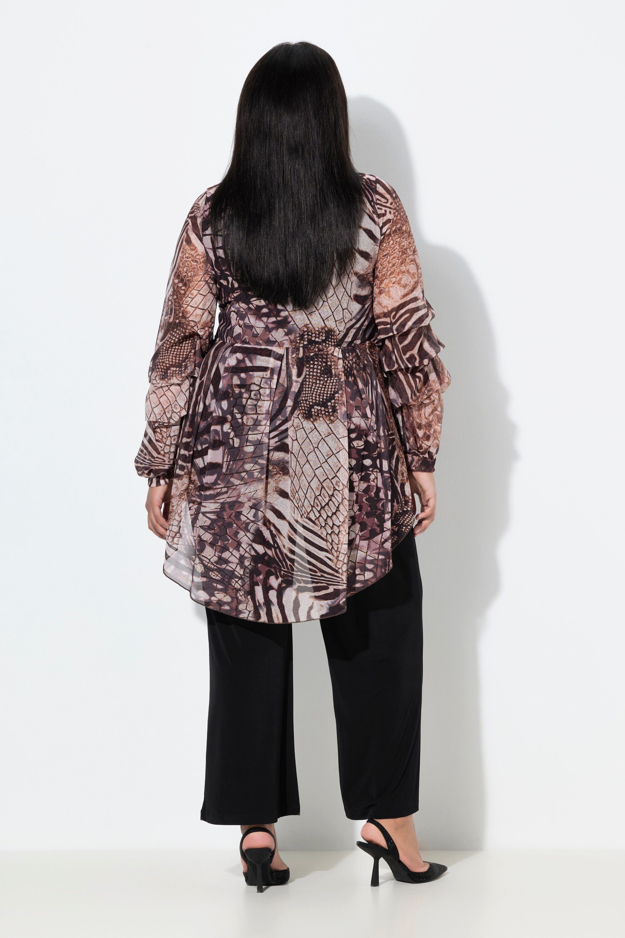 Ulla Popken Longsleeve Mesh-Shirt Animaldruck Rundhals drapierter Langarm