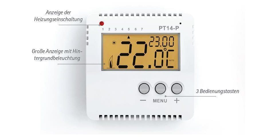 Elektrobock Raumthermostat Raumthermostat 16A programmierbar für PT14-P Elektroheizung