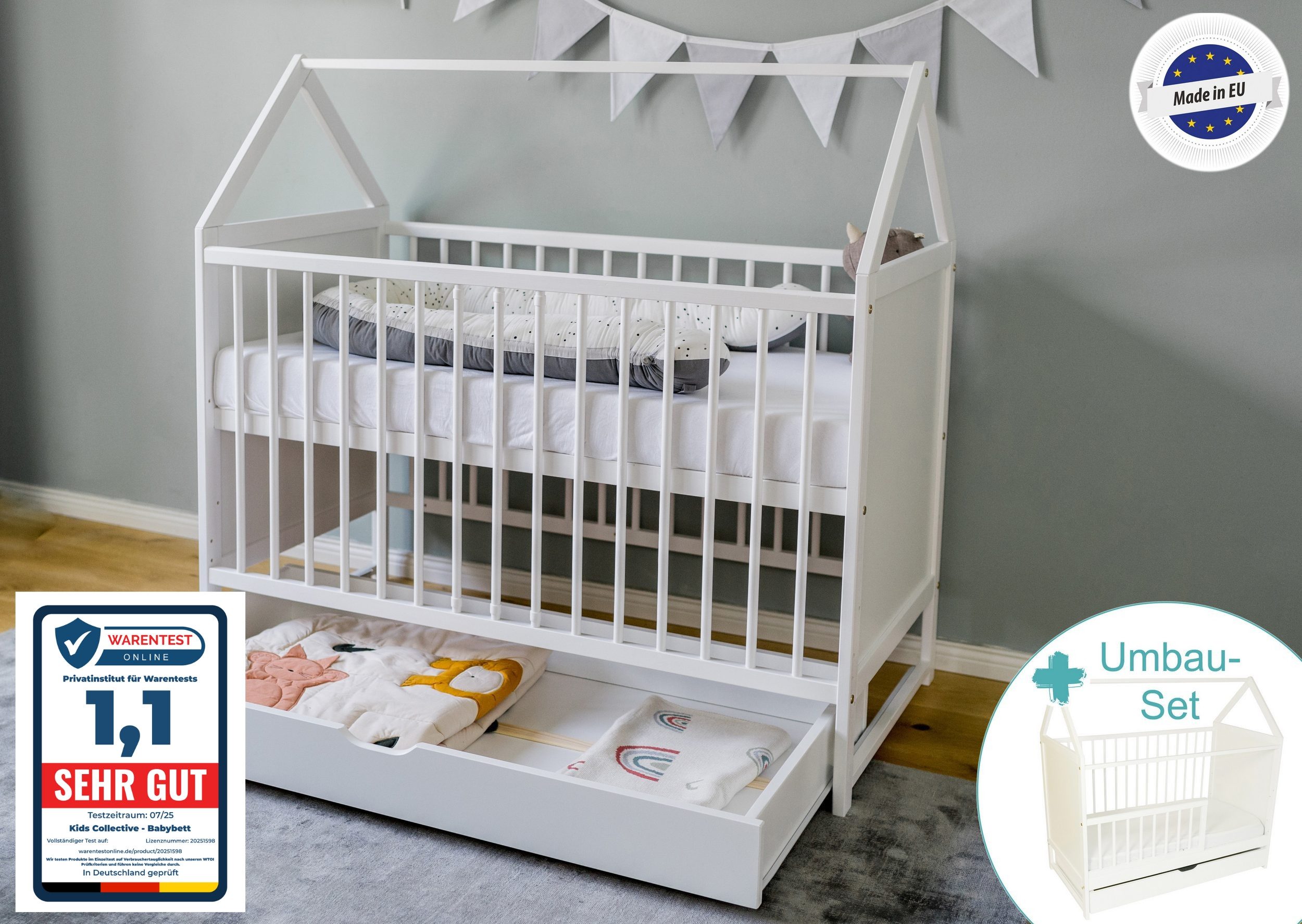 Kids Collective Babybett Beistellbett Kinderbett und Hausbett in einem mit Schublade, 120x60 weiß, höhenverstellbar und umbaubar