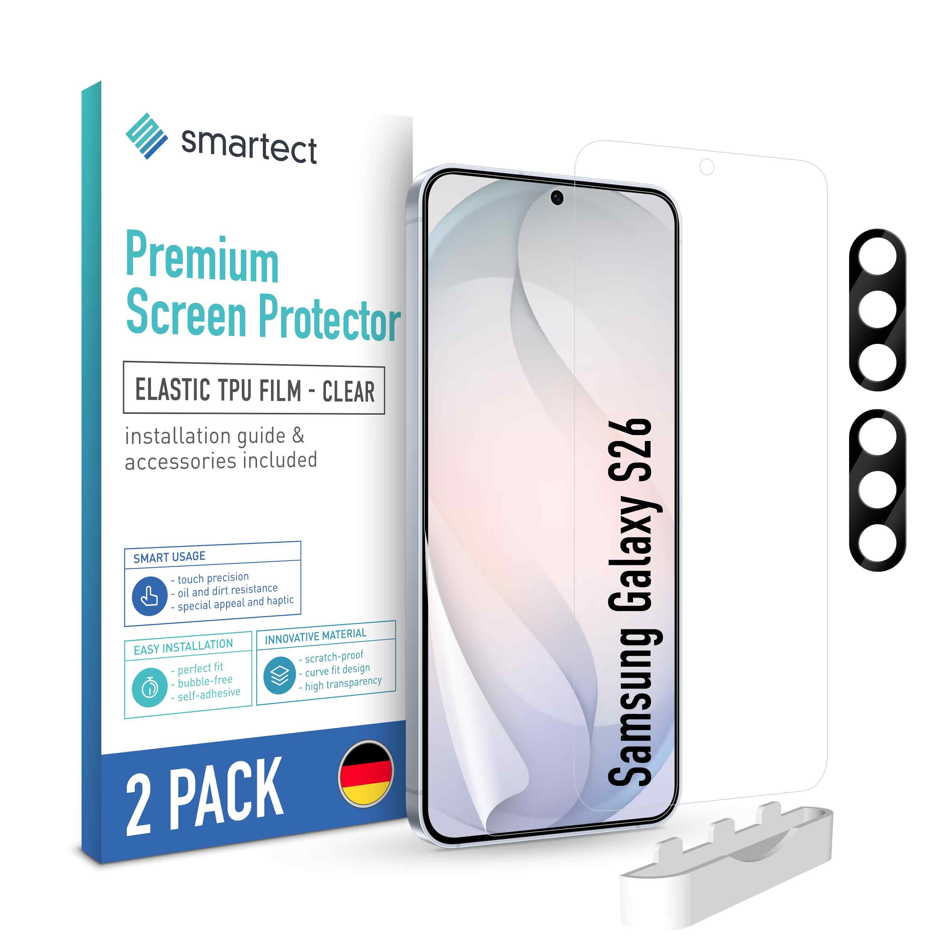 smartect Displayschutzfolie TPU Schutzfolie 2 + 2 Stück für Samsung Galaxy S26 (Display + Kamera) für Samsung Galaxy S26, Set, 2 Stück, Ultra-klar, Kratzfest, Blasenfrei, Oleophob, Fingerabdruck kompatibel