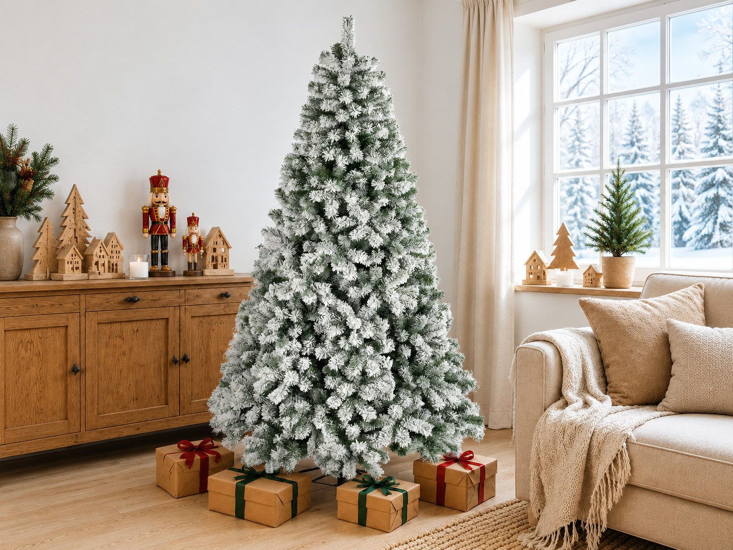 WHEELYOU Künstlicher Weihnachtsbaum 180/210 cm Schneetanne, PVC, Lichterkette, 8 Modi, Metallständer, Beflockte PVC-Schneetanne, dichte Zweige, flexible Lichtgestaltung, Warmgelbe Lichterkette, 8 Modi, formbare Zweige, Metallfuß, 2 Größen
