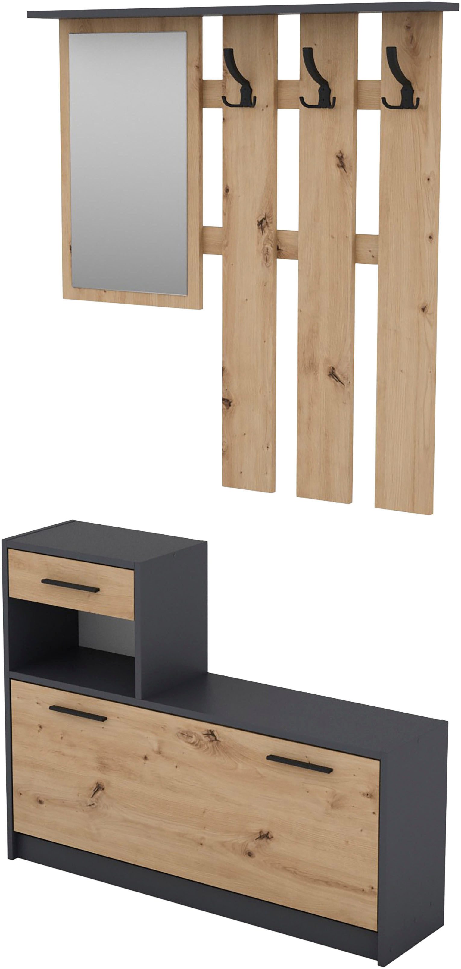 byLIVING Garderoben-Set TAMINA, Artisan Eiche (Eiche-Optik), Spiegel, Hutablage, Stauraum für Schuhe