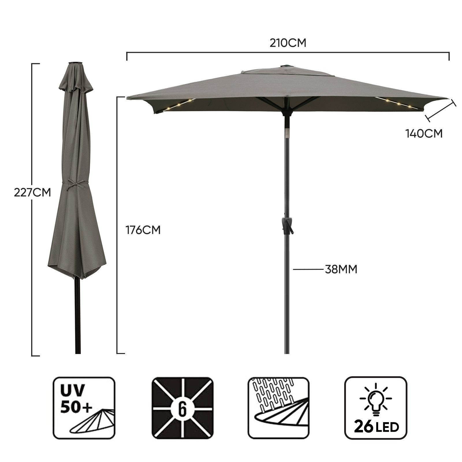 Sekey Sonnenschirm 210 x 140 cm Aluminum Sonnenschirm mit LED-Solar-Beleuchtung, LxB: 210,00x140 cm, UV50+ Sonnenschutz, kippbarer rechteckiger Gartenschirm mit Kurbel