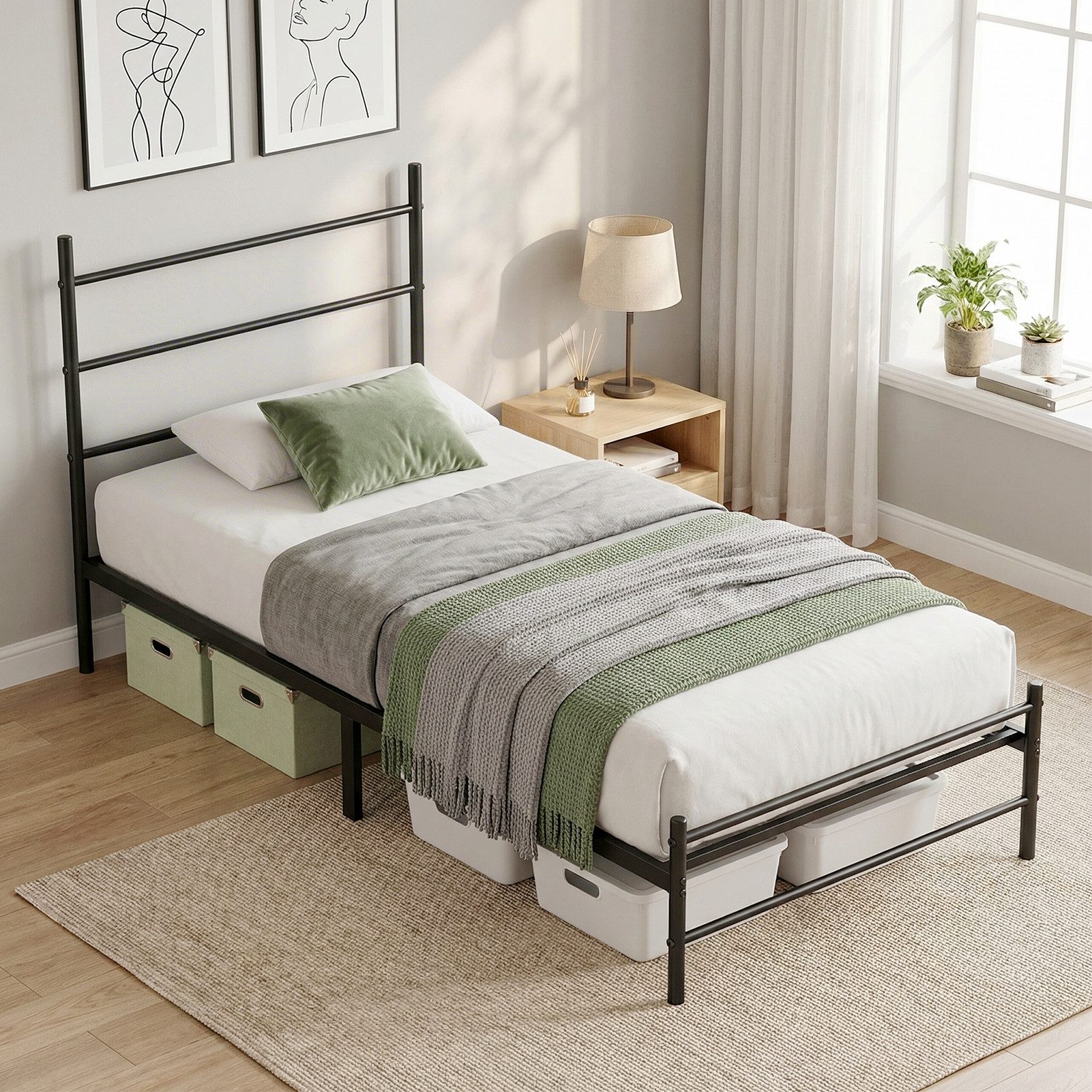Rutaqian Metallbett Metallbett mit Kopfteil im Industrial Design, belastbar bis 300 kg, 26 cm Bodenfreiheit mit Stauraum, stabil und geräuscharm