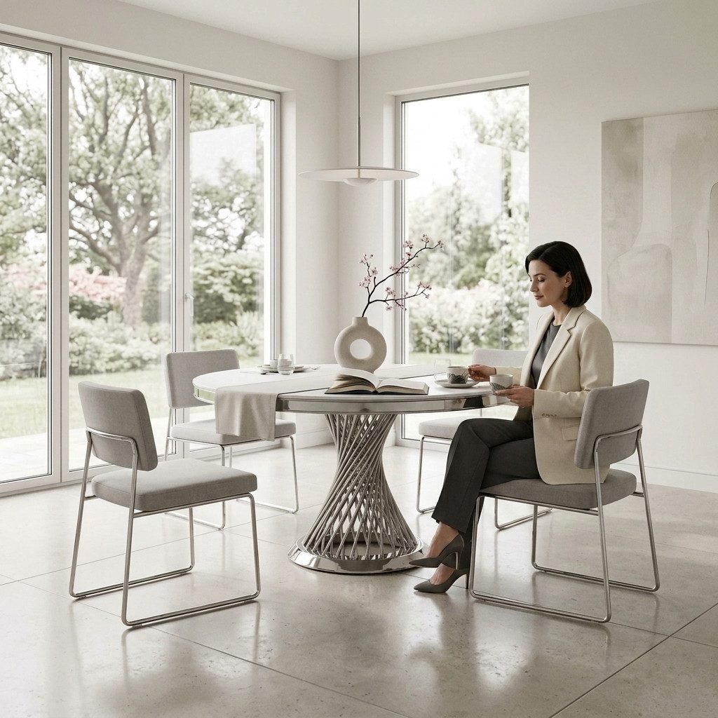 JVmoebel Esstisch Tisch Helix Carrara Chrom Design Exklusiv modern Speisezimmer Sofort (1-St., 1-tlg), Exklusives Helix-Design hochglanzverchromtes Gestell edle Marmor-Optik