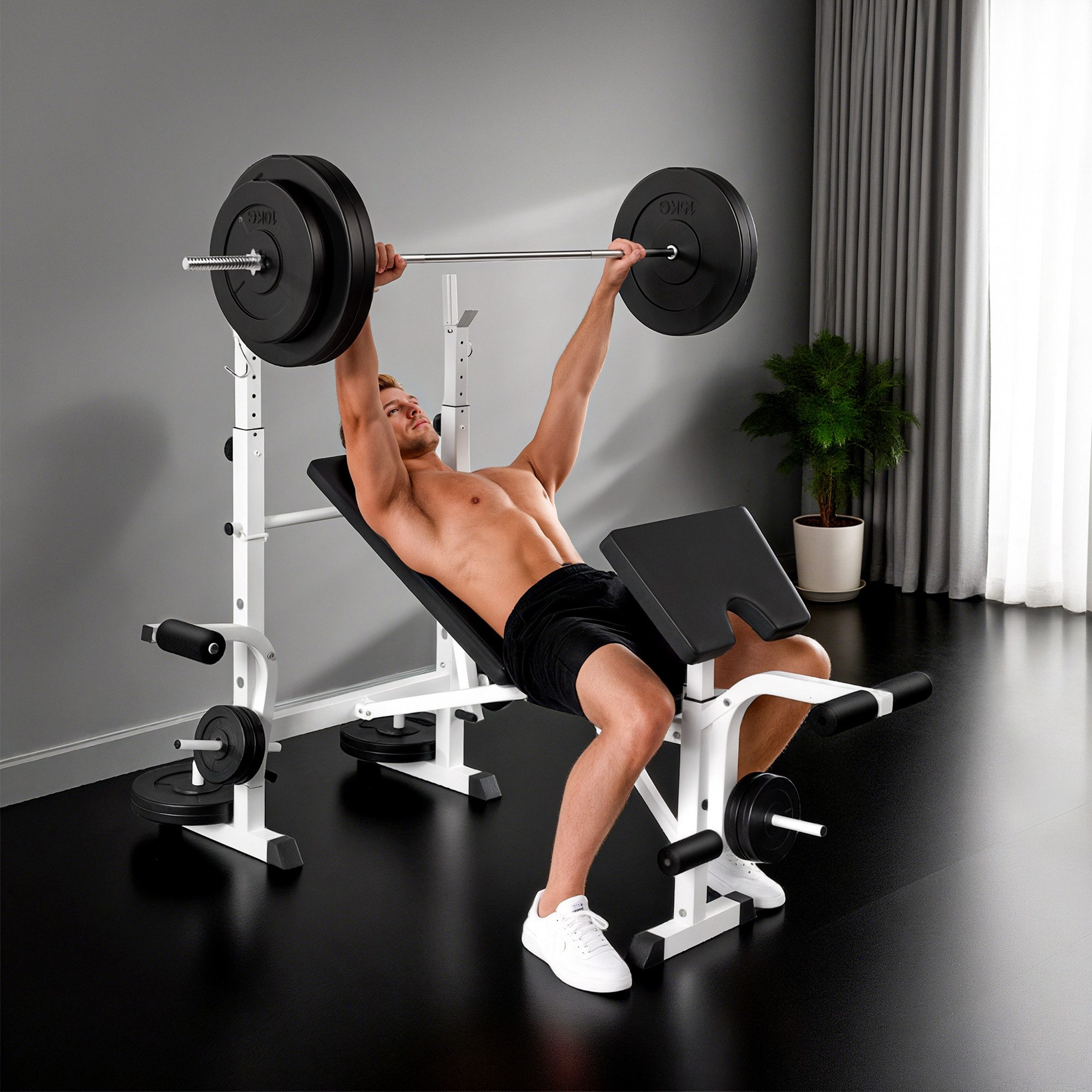 HOMCOM Hantelbank Verstellbar, Multifunktionaler Trainingsbank, Stahl, Schwarz+Weiß, (Beinpresse, 1-tlg., Armauflage für Gewichtstraining), 180cm x 134cm x 136cm