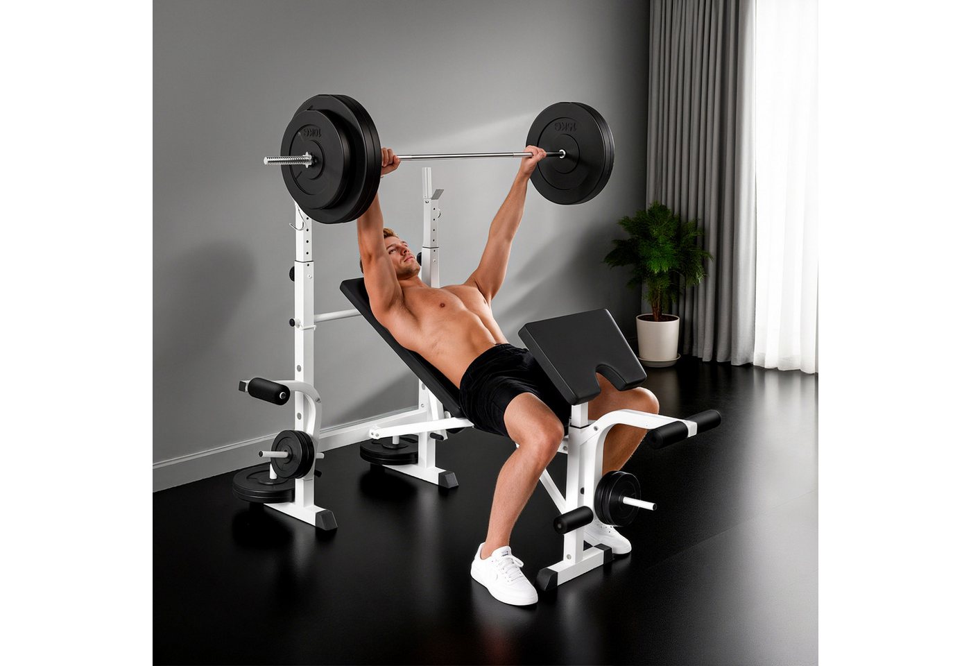 HOMCOM Hantelbank Verstellbar, Multifunktionaler Trainingsbank, Stahl, Schwarz+Weiß, (Beinpresse, 1-tlg., Armauflage für Gewichtstraining), 180cm x 134cm x 136cm