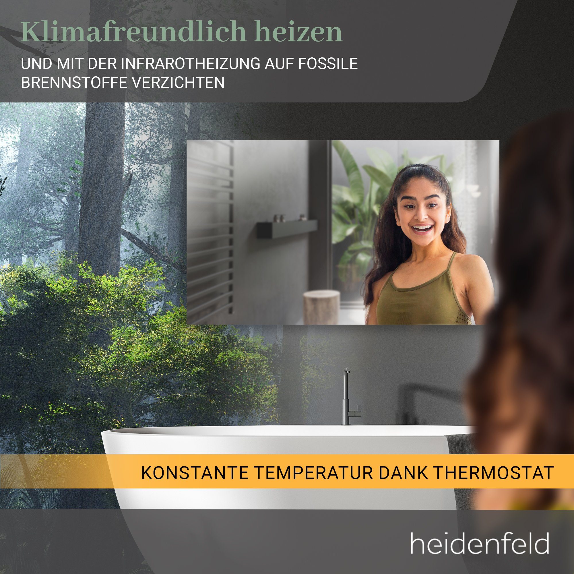 Heidenfeld Infrarotheizung Spiegelheizung HF-HS100 inkl. Jahre - Überhitzungsschutz 10 Garantie, 300-800 Watt Thermostat Spiegel - Fernbedienung mit