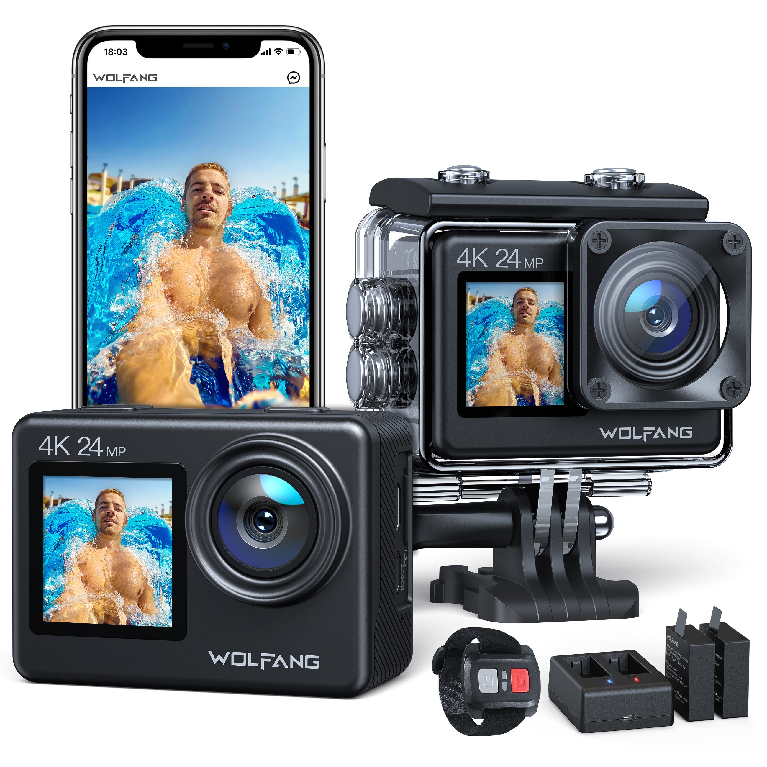 WOLFANG GA200 Action Cam (FULL HD, WLAN (Wi-Fi), 4K 24MP, Dual-Bildschirm, Touch-Screen, 40Mwasserdicht, Externes Ladegerat)