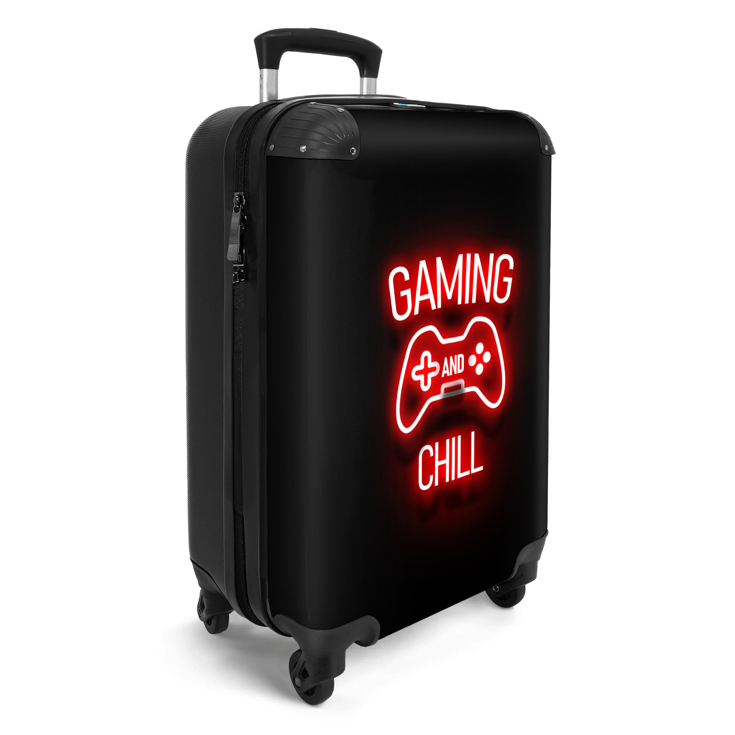 NoBoringSuitcases.com© Kinderkoffer Gaming - Zitate - Gaming und Chillen - Neon - Rot 55x35x20cm, 4 Rollen, Kinder Koffer Klein, Trolley Handgepäck, Reisekoffer