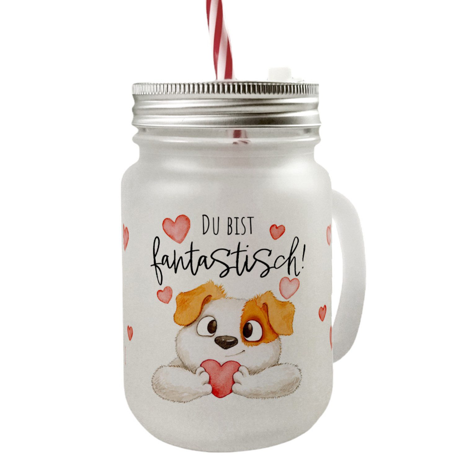 Glas Hund Mason Jar Henkel Trinkglas mit Deckel Spruch Du bist fantastisch
